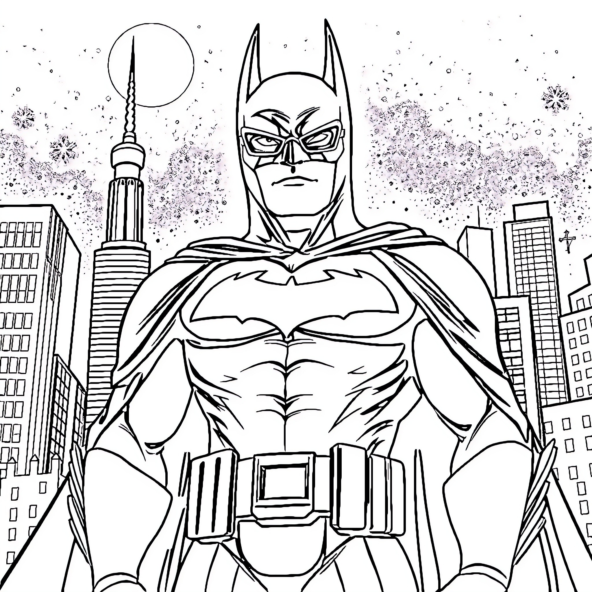 Batman standing heroically in the city at night Coloring Page (free black-and-white line drawing printable PDF for all, from beginners to advanced learners, including children, teens, adults, and seniors)
