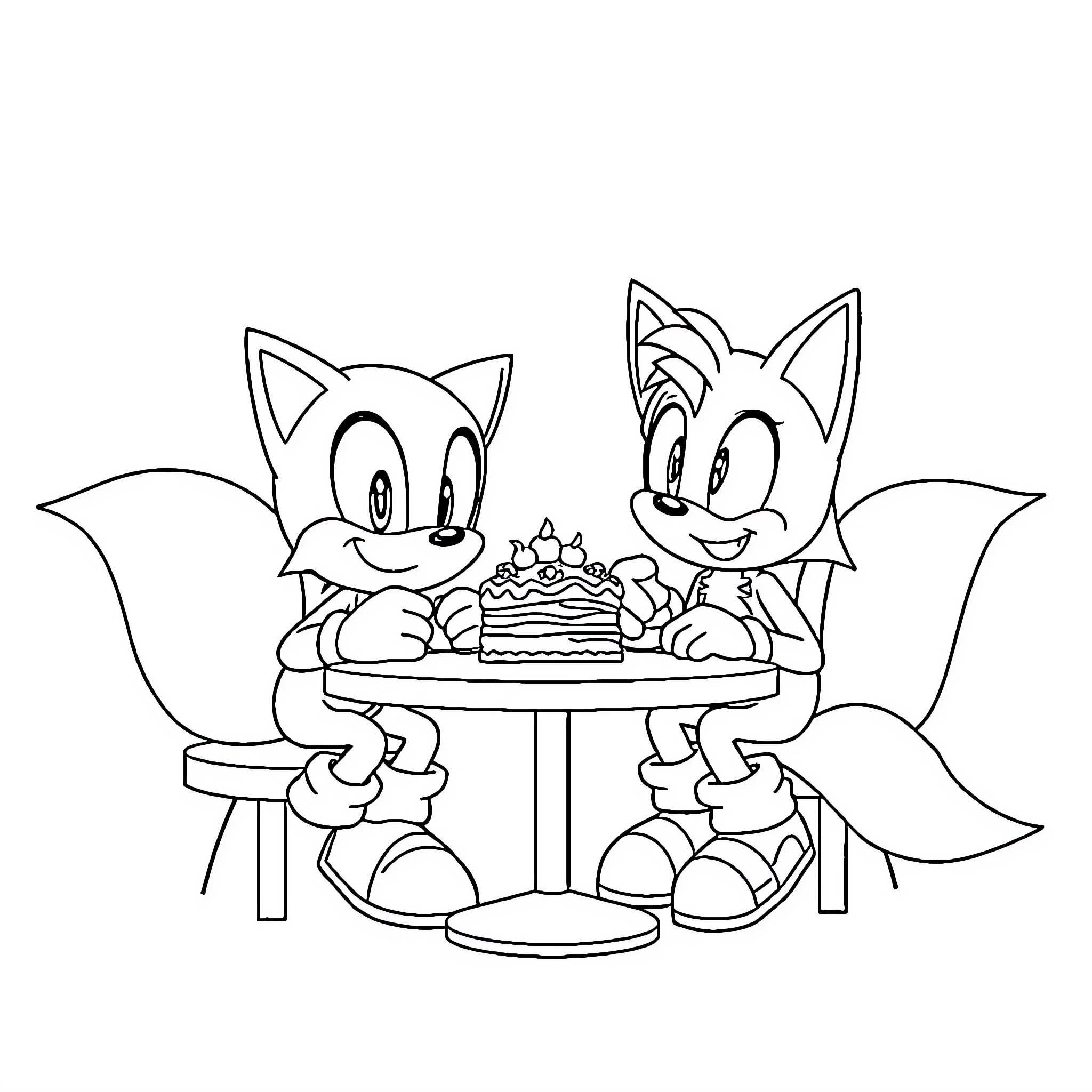 Sonic characters enjoying a cake together Coloring Page (free black-and-white line drawing printable PDF for all, from beginners to advanced learners, including children, teens, adults, and seniors)