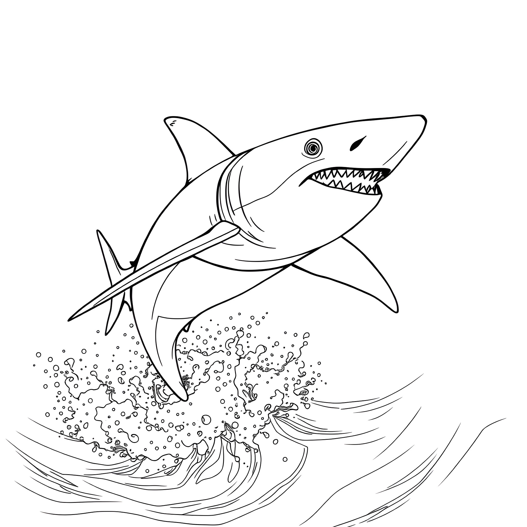 Shark swimming aggressively in the ocean Coloring Page (free black-and-white line drawing printable PDF for all, from beginners to advanced learners, including children, teens, adults, and seniors)