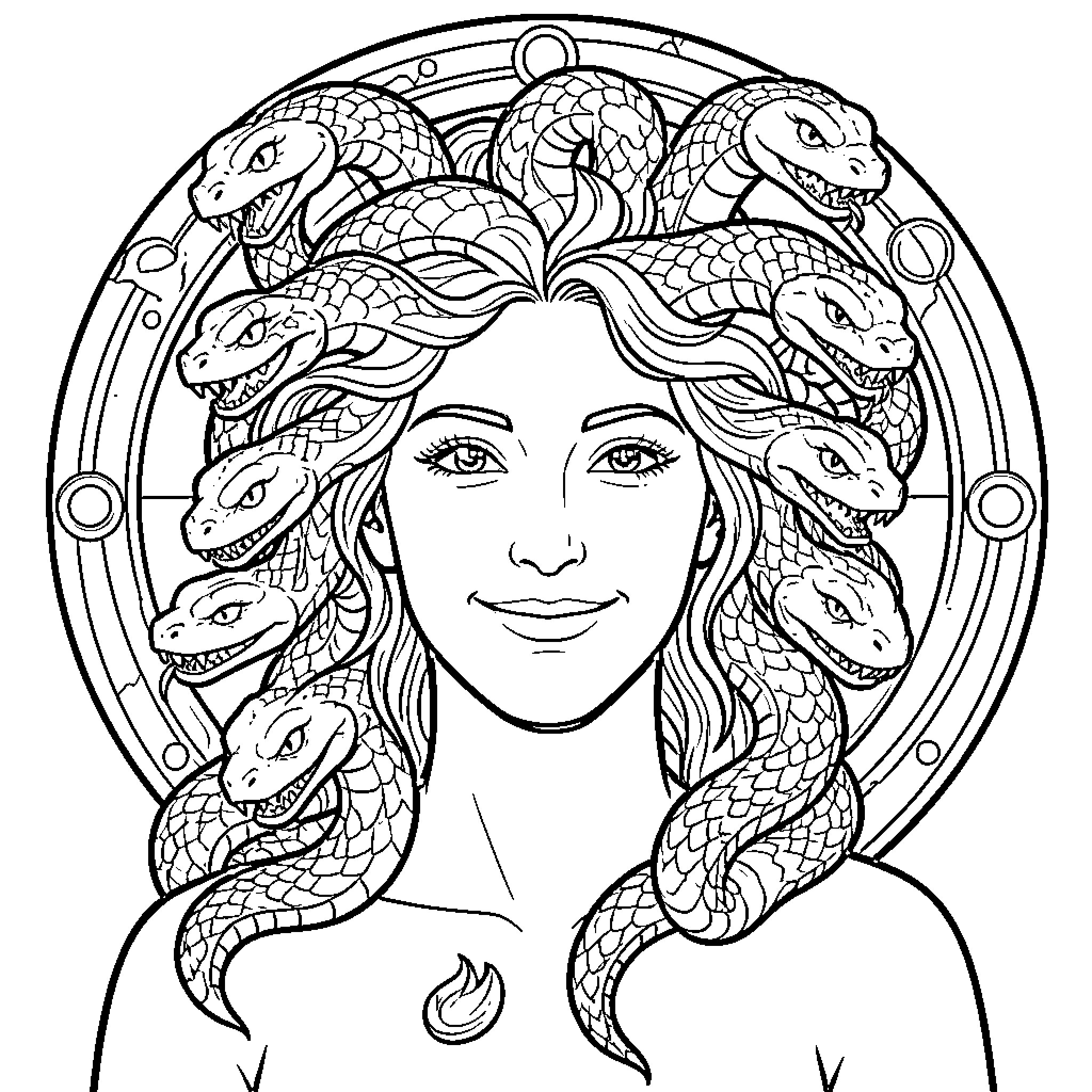Medusa's Serpentine Gaze Coloring Page (free black-and-white line drawing printable PDF for all, from beginners to advanced learners, including children, teens, adults, and seniors)