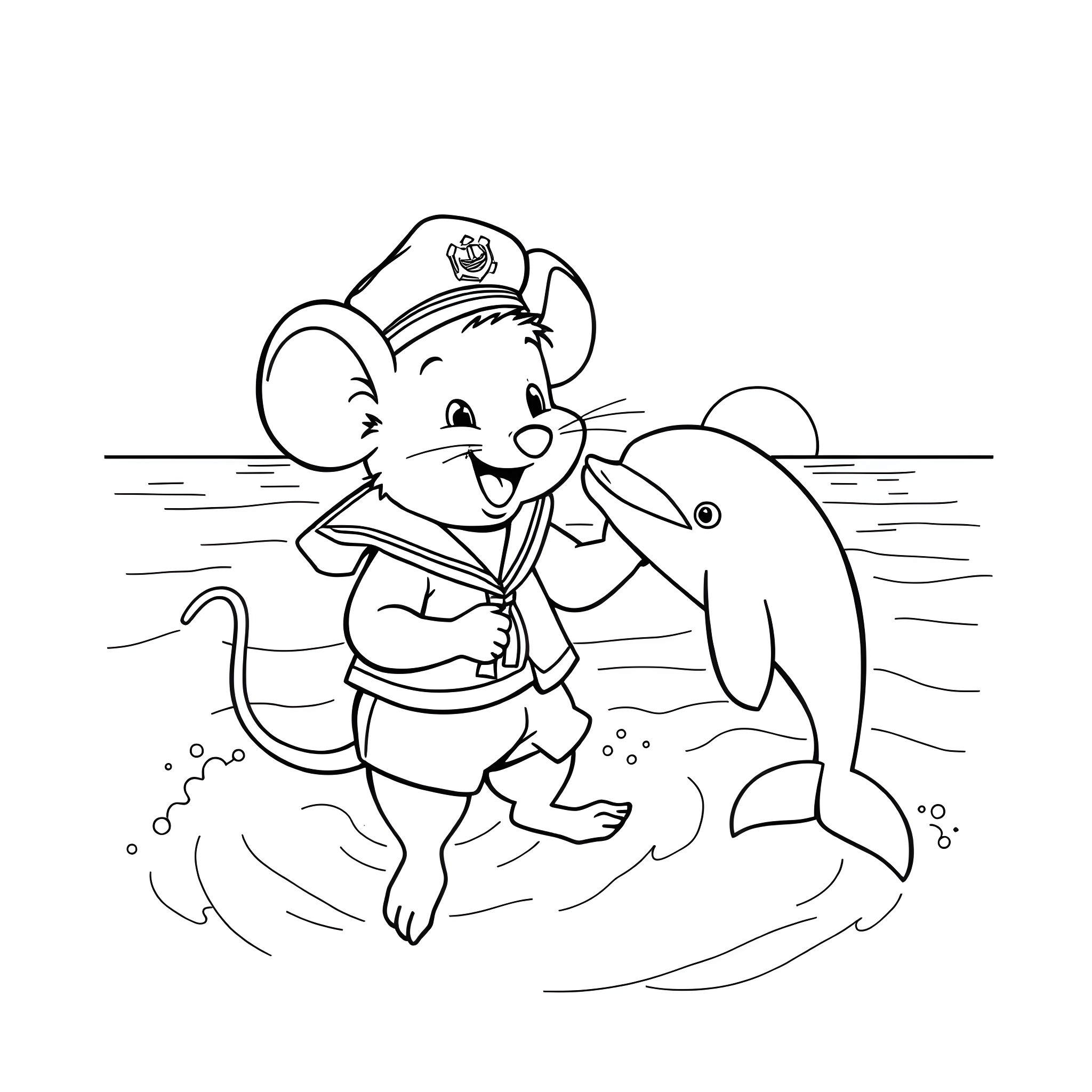 Mouse Sailor Playing with Friendly Dolphin Coloring Page (free black-and-white line drawing printable PDF for all, from beginners to advanced learners, including children, teens, adults, and seniors)
