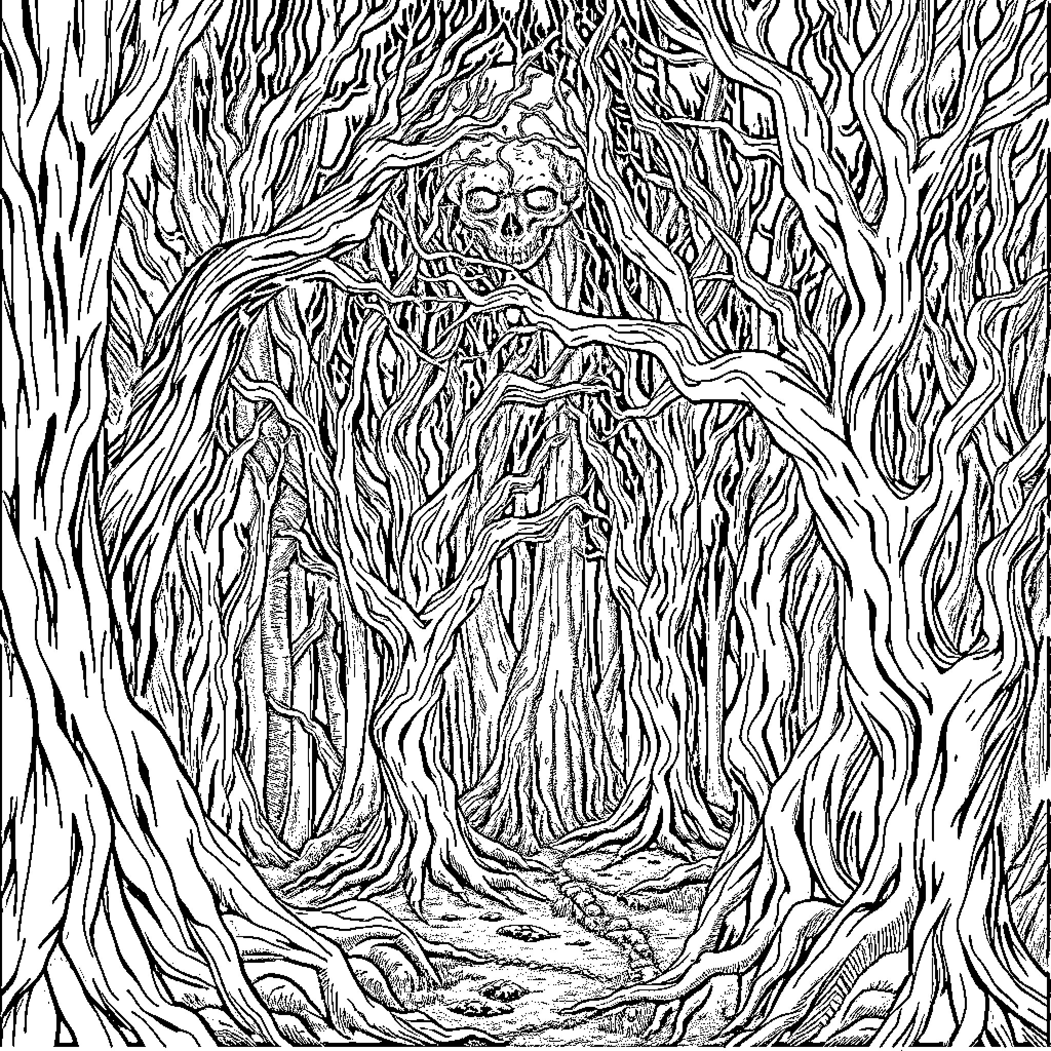 Forest Skeleton Lurking in the Twisted Branches Coloring Page (free black-and-white line drawing printable PDF for all, from beginners to advanced learners, including children, teens, adults, and seniors)
