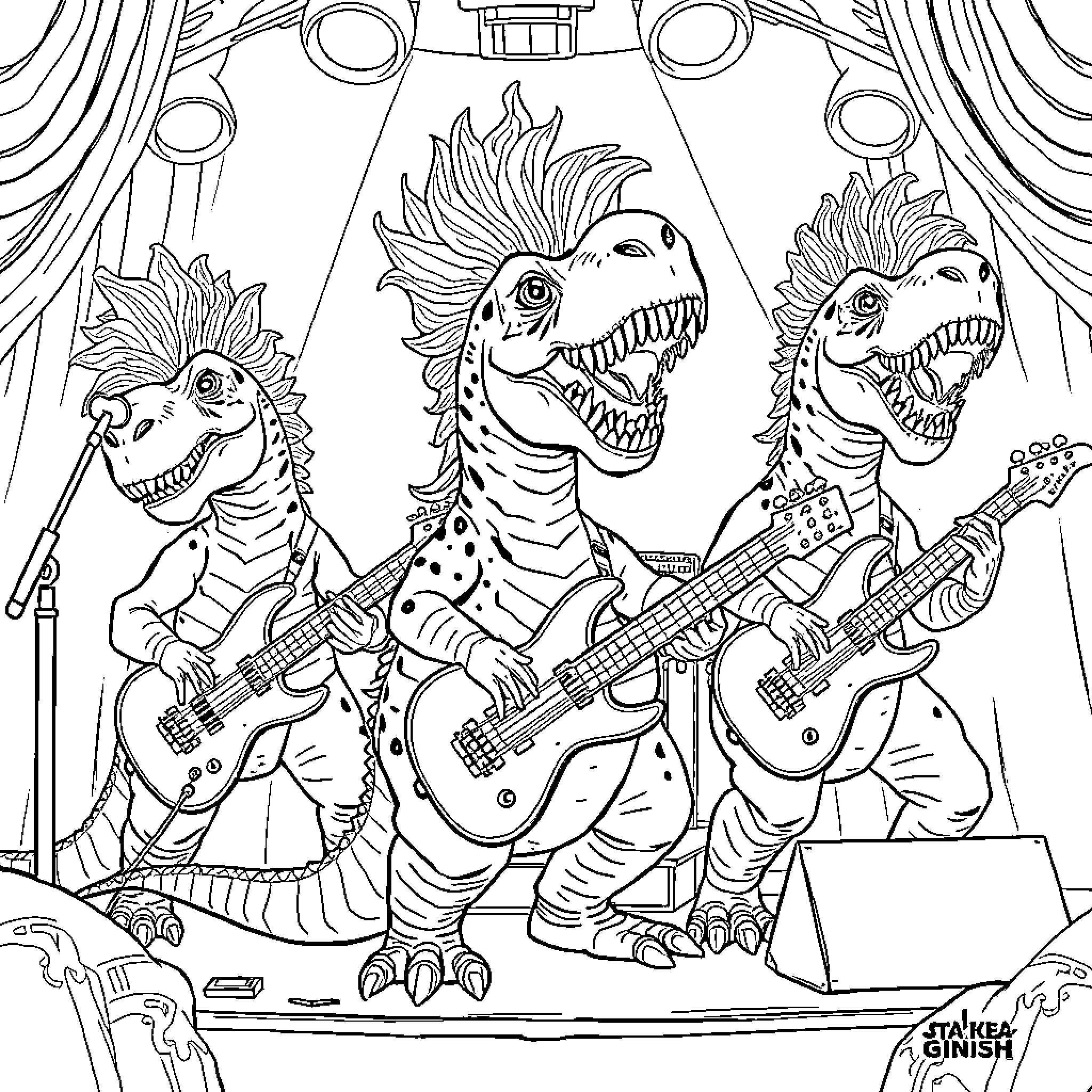 Dinosaur Rock Band Playing Guitars on Stage Coloring Page (free black-and-white line drawing printable PDF for all, from beginners to advanced learners, including children, teens, adults, and seniors)