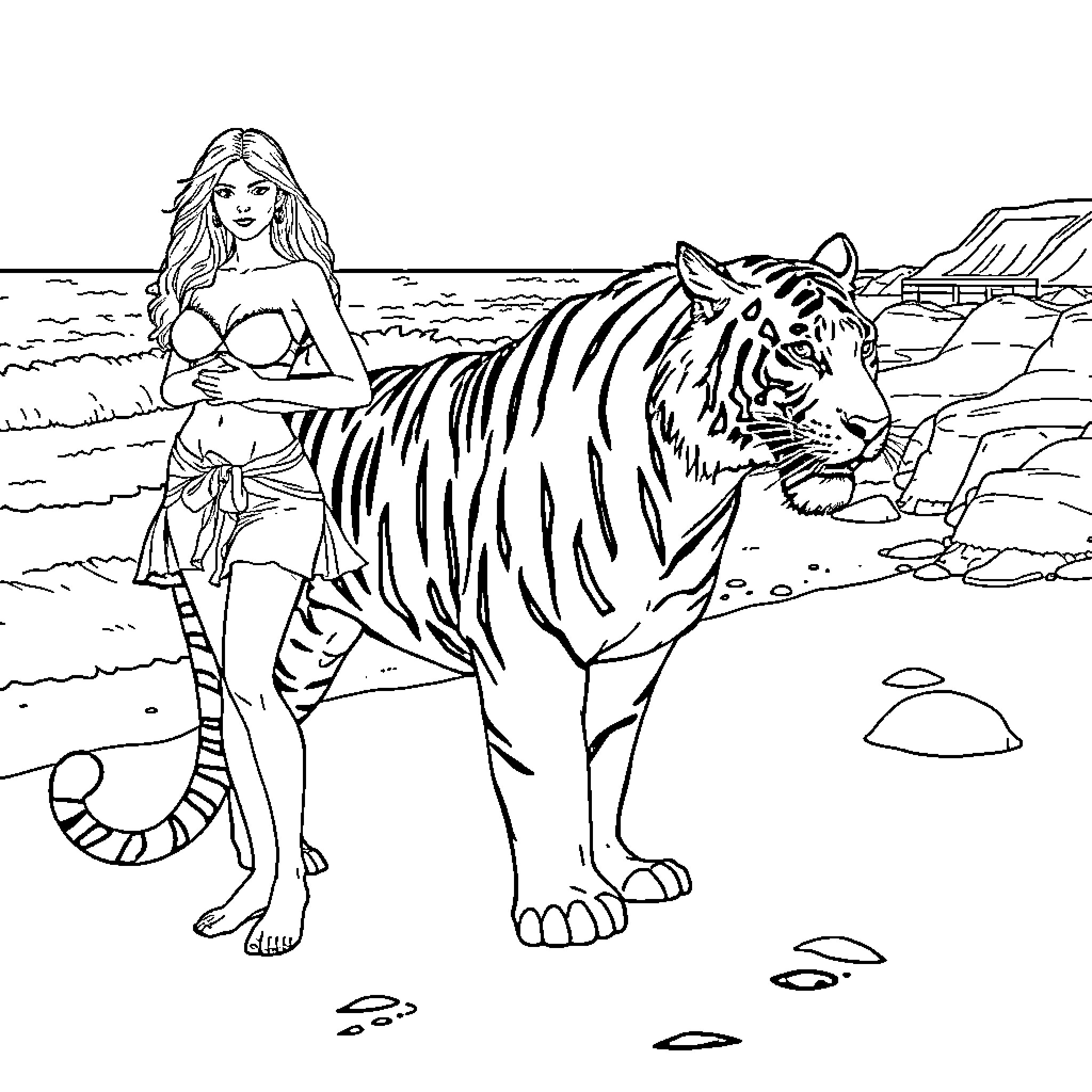 Virgo Warrior Maiden Strides with Majestic Tiger Coloring Page (free black-and-white line drawing printable PDF for all, from beginners to advanced learners, including children, teens, adults, and seniors)