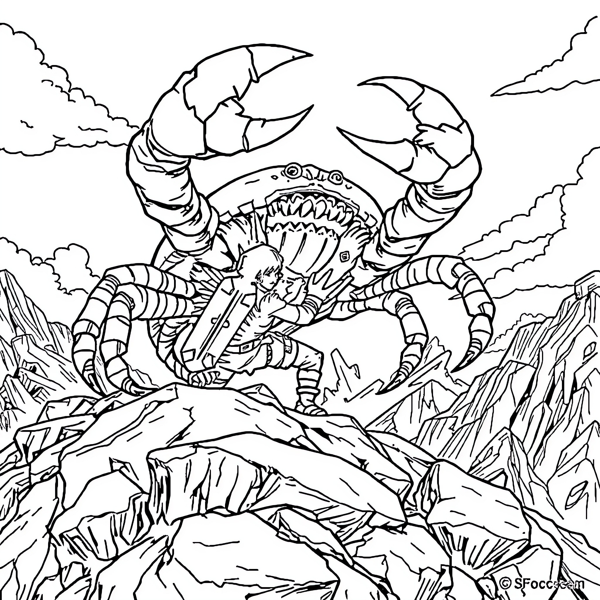 Link to a fierce and imposing creature in a rugged landscape Coloring Page (free black-and-white line drawing printable PDF for all, from beginners to advanced learners, including children, teens, adults, and seniors)