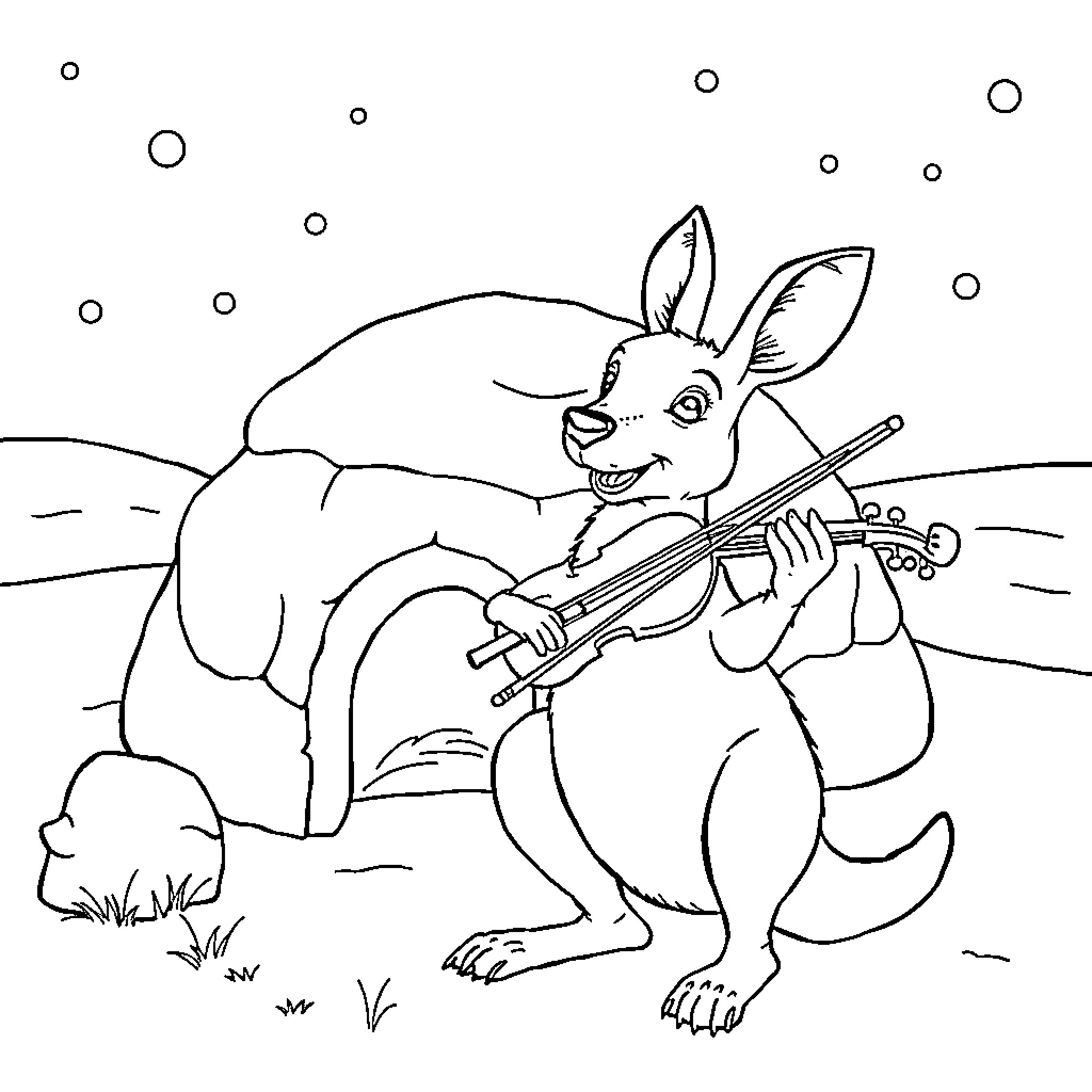 Kangaroo playing a musical instrument in a snowy landscape Coloring Page (free black-and-white line drawing printable PDF for all, from beginners to advanced learners, including children, teens, adults, and seniors)