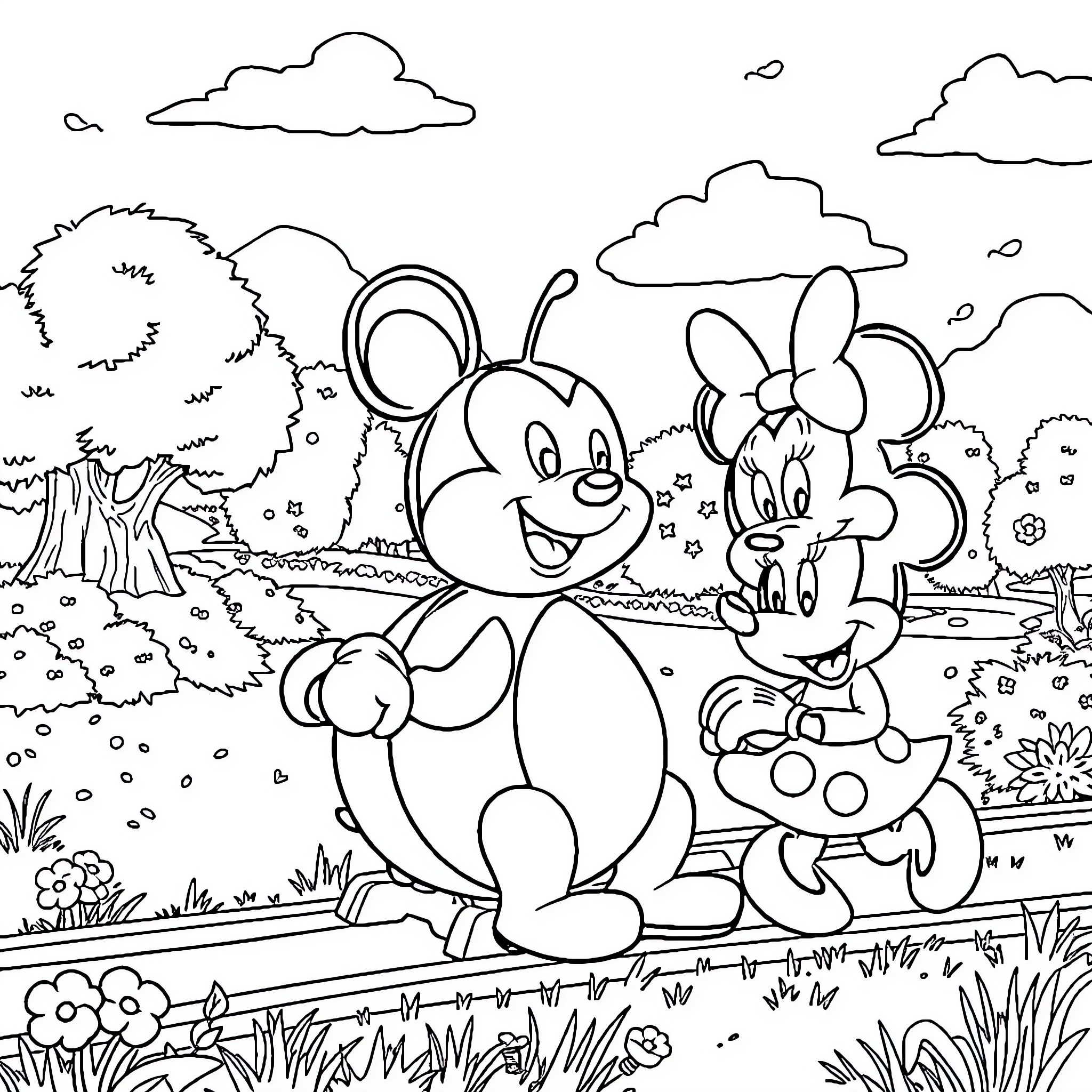 Paw Patrol characters playing in the park Coloring Page (free black-and-white line drawing printable PDF for all, from beginners to advanced learners, including children, teens, adults, and seniors)