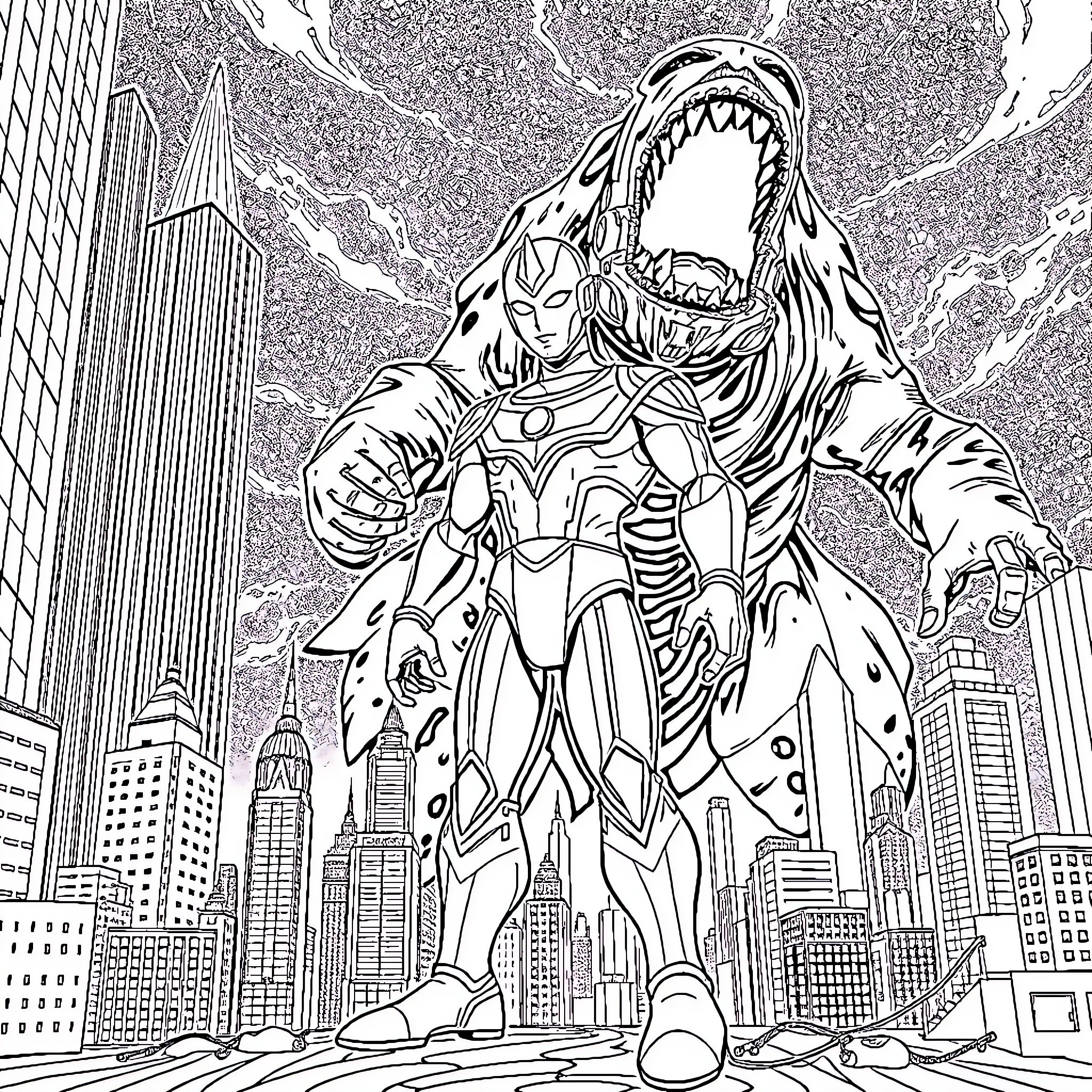 Ultraman unleashing massive destruction in the city Coloring Page (free black-and-white line drawing printable PDF for all, from beginners to advanced learners, including children, teens, adults, and seniors)