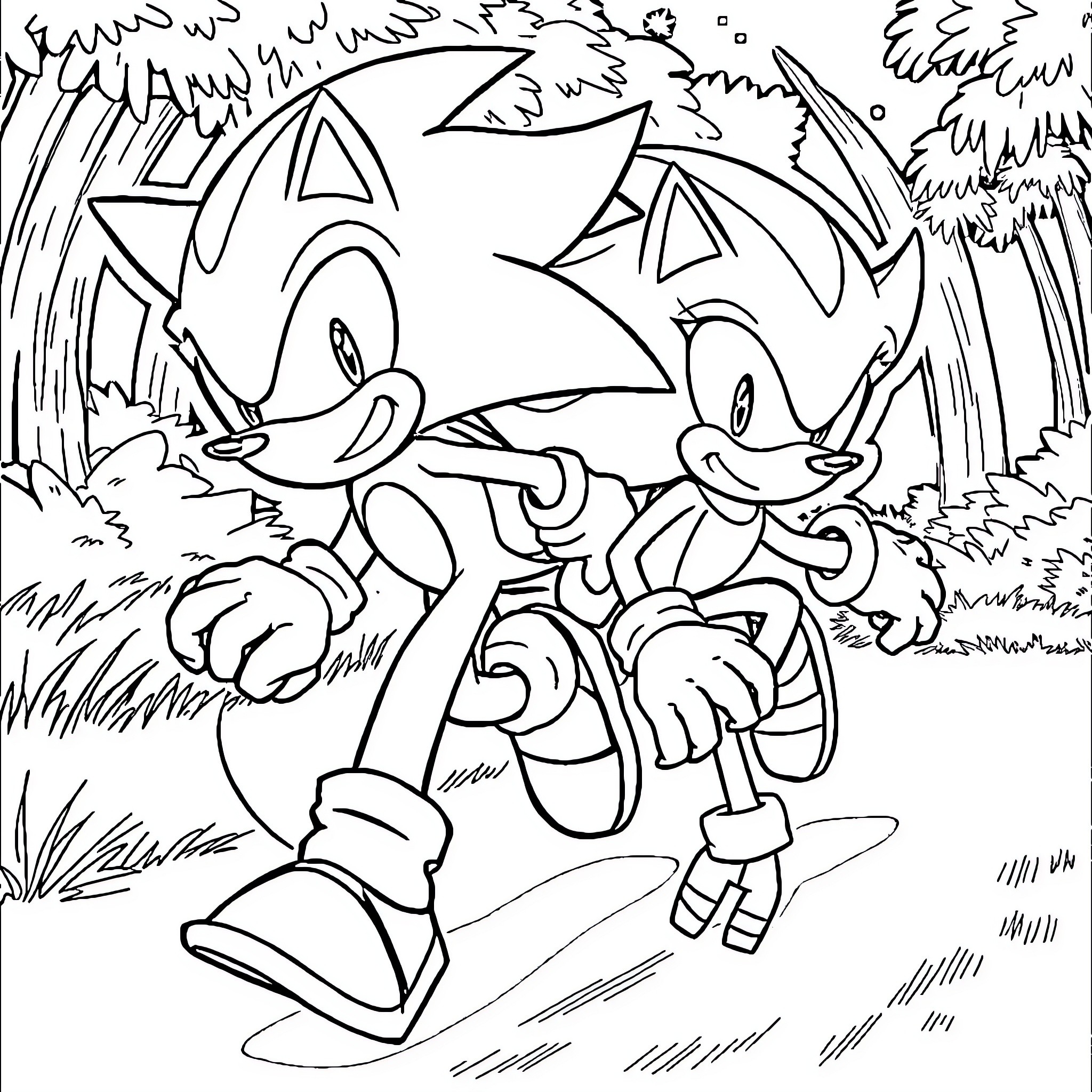 Sonic and Tails racing through the forest Coloring Page (free black-and-white line drawing printable PDF for all, from beginners to advanced learners, including children, teens, adults, and seniors)