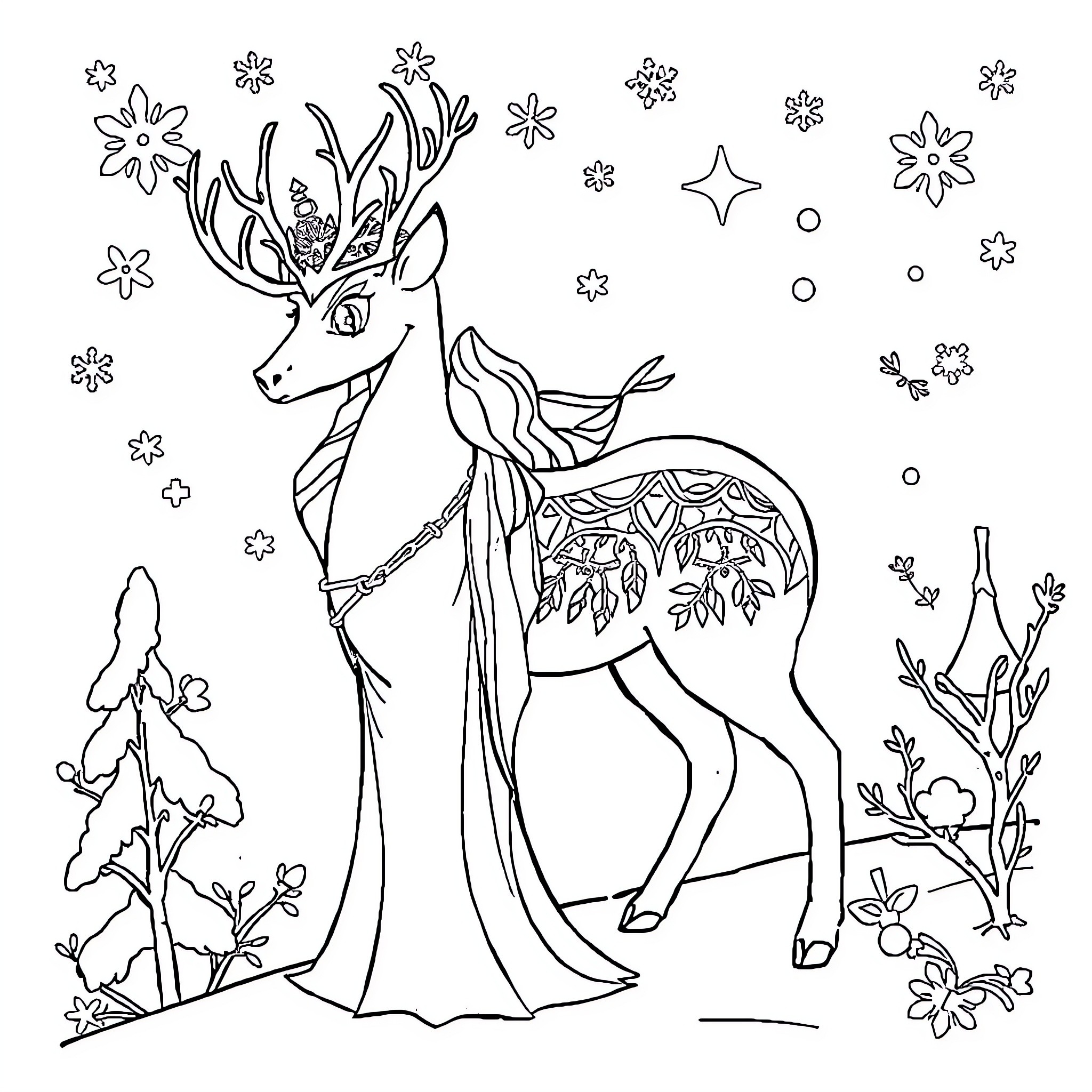 Snow Queen with Floral Deer in Wintery Wonderland Coloring Page (free black-and-white line drawing printable PDF for all, from beginners to advanced learners, including children, teens, adults, and seniors)