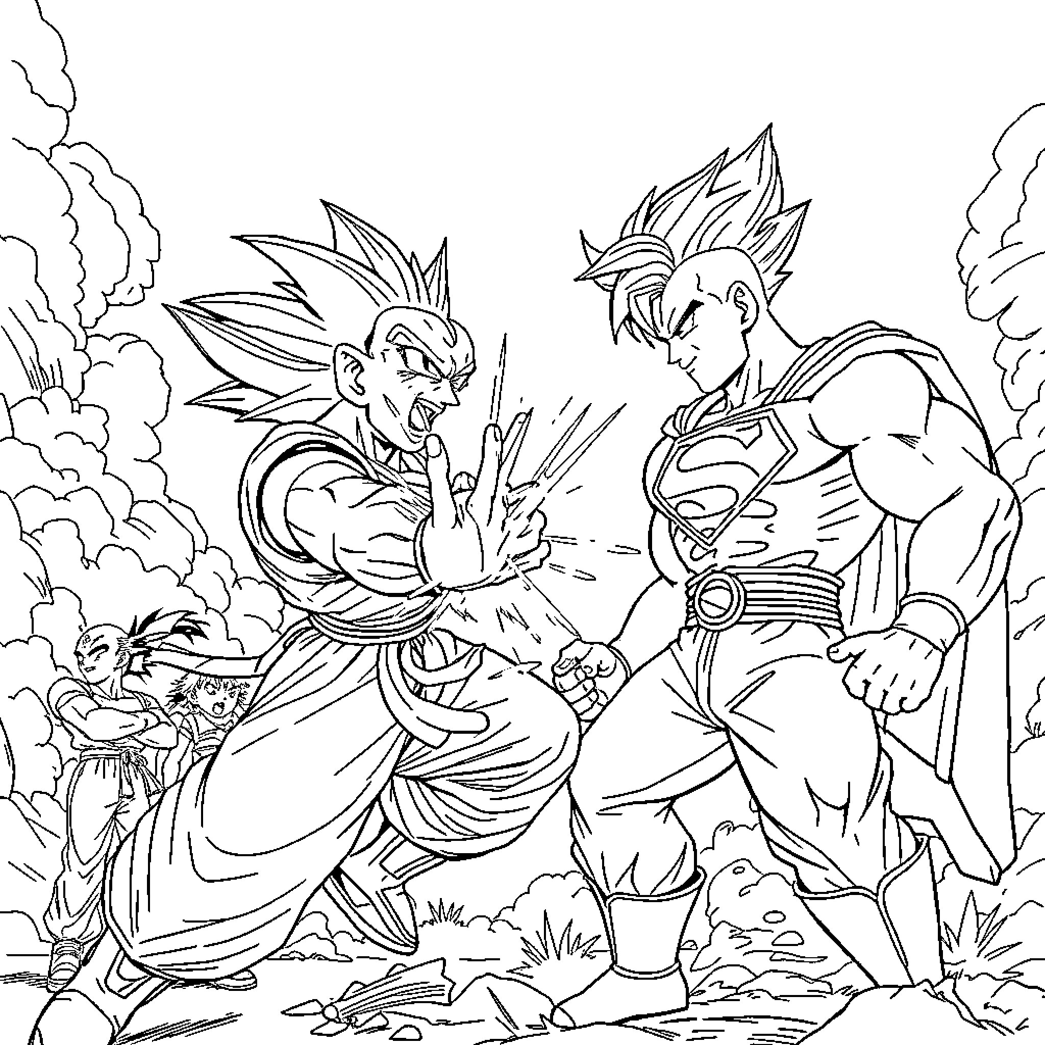 Goku's Intense Battle with a Powerful Opponent Coloring Page (free black-and-white line drawing printable PDF for all, from beginners to advanced learners, including children, teens, adults, and seniors)