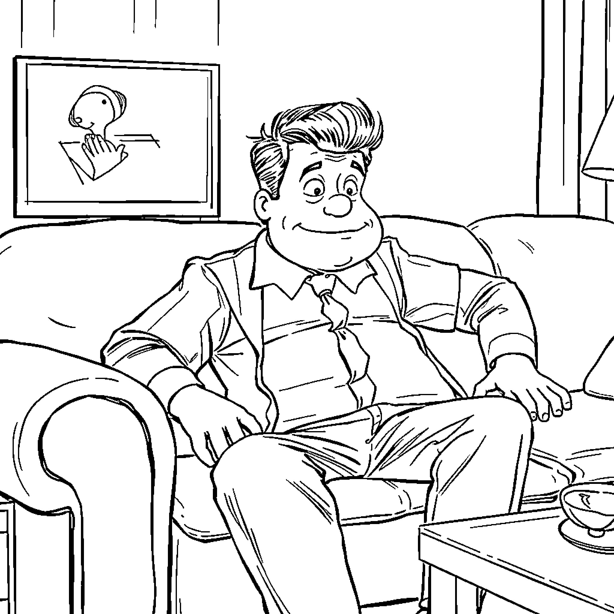 Couch Potato Relaxing in Front of Painting Coloring Page (free black-and-white line drawing printable PDF for all, from beginners to advanced learners, including children, teens, adults, and seniors)