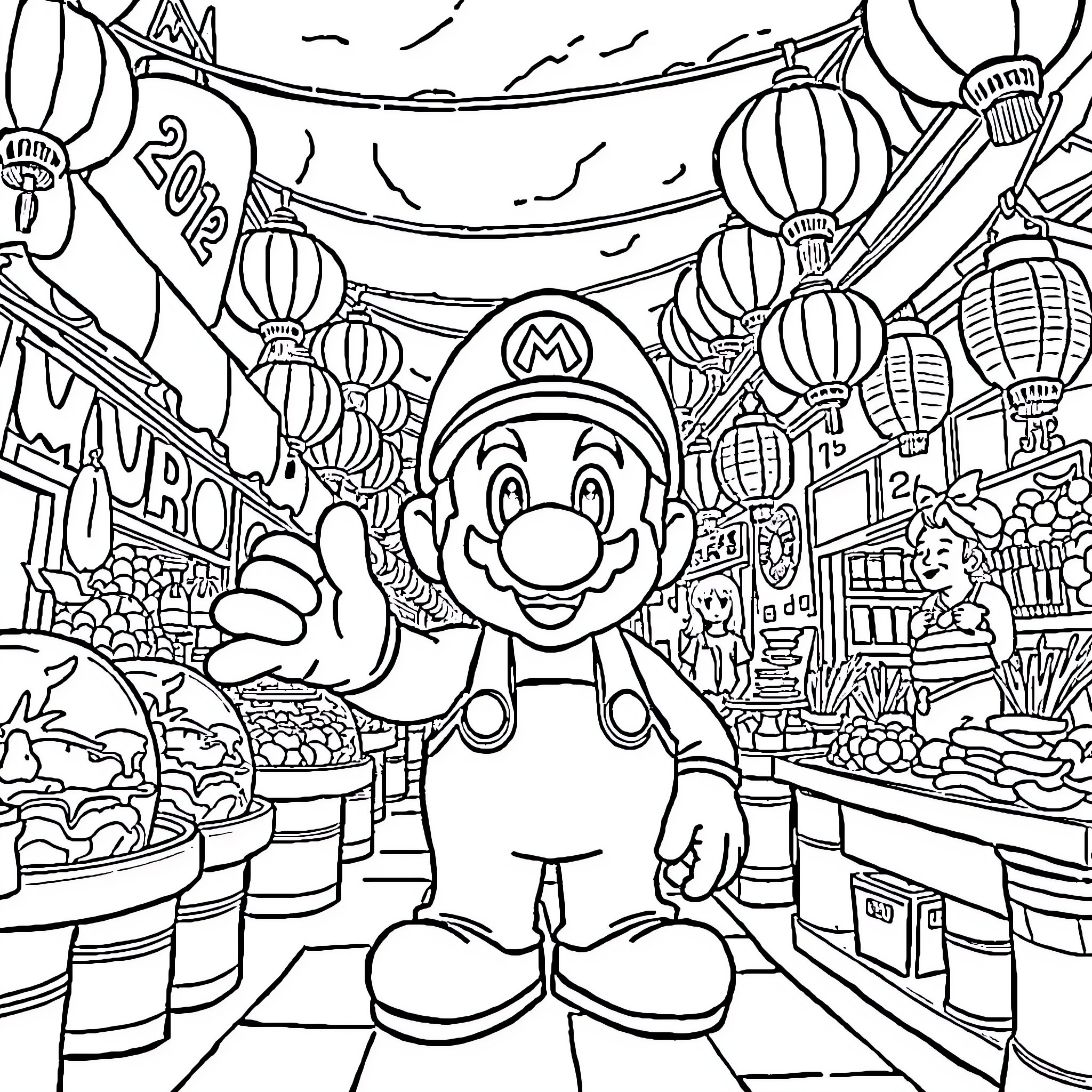 Mario's Whimsical Adventure in a Vibrant Festival Coloring Page (free black-and-white line drawing printable PDF for all, from beginners to advanced learners, including children, teens, adults, and seniors)