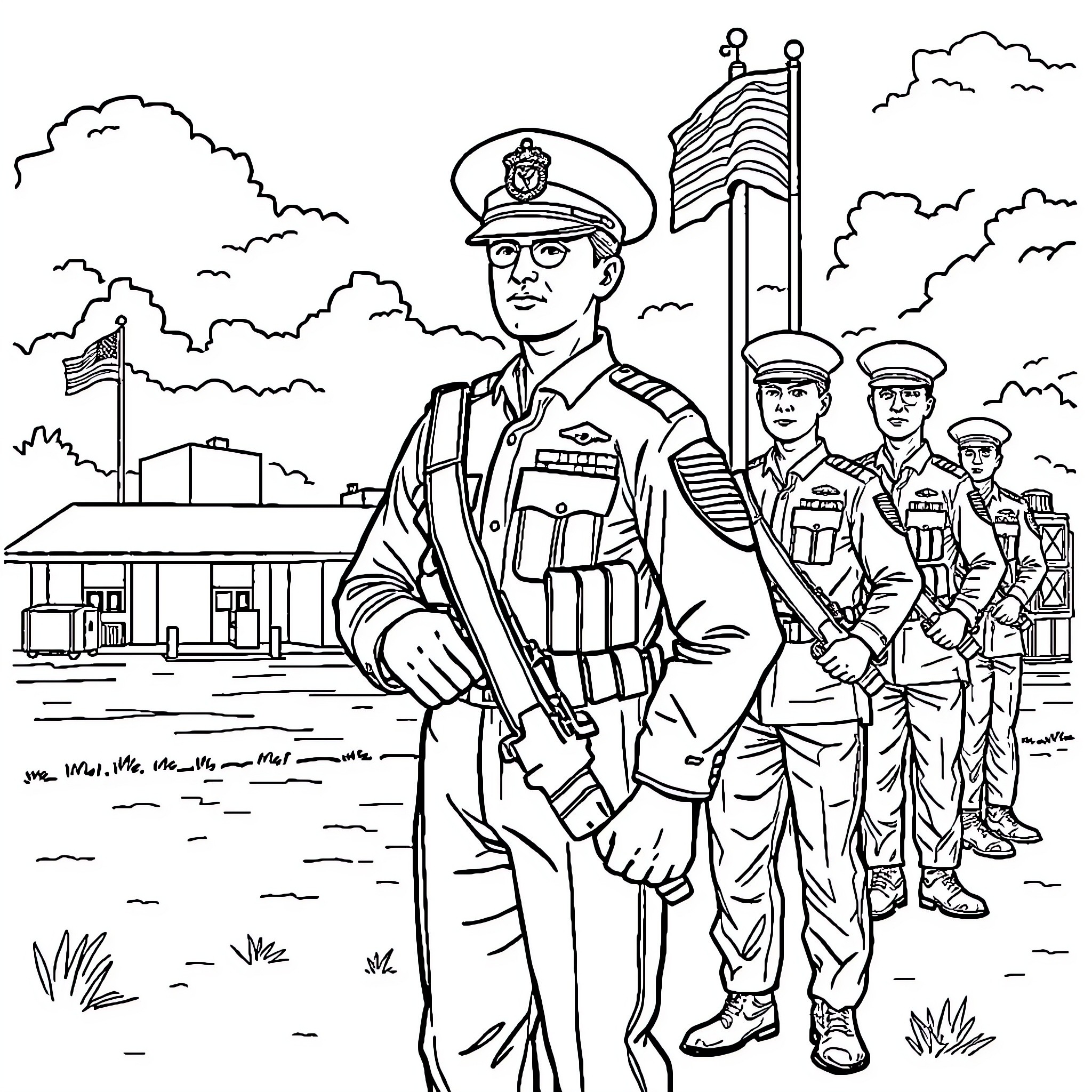 Military Police Commanding Officers at Military Outpost Coloring Page (free black-and-white line drawing printable PDF for all, from beginners to advanced learners, including children, teens, adults, and seniors)