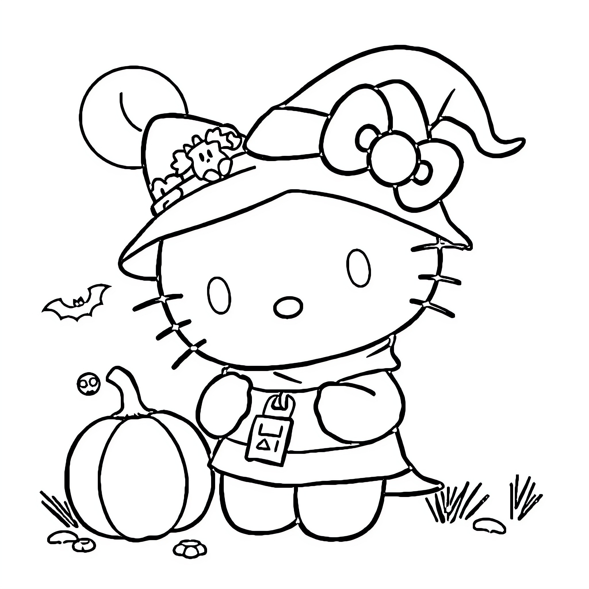 Hello Kitty enjoying Fall with pumpkins Coloring Page (free black-and-white line drawing printable PDF for all, from beginners to advanced learners, including children, teens, adults, and seniors)