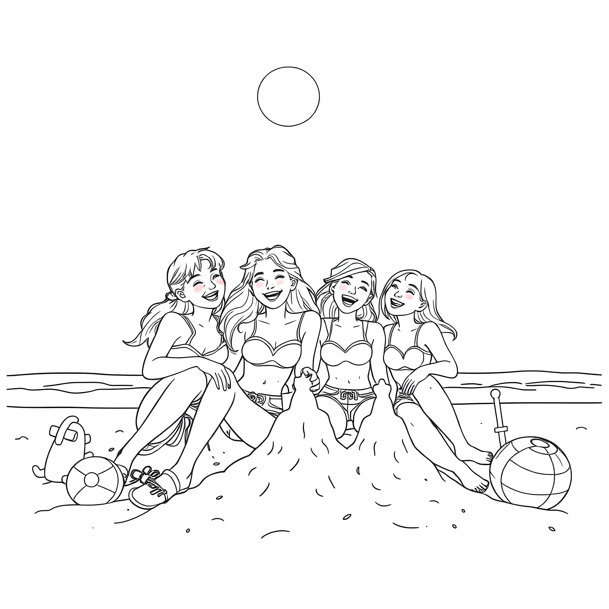 Preteen friends having fun at the beach Coloring Page (free black-and-white line drawing printable PDF for all, from beginners to advanced learners, including children, teens, adults, and seniors)