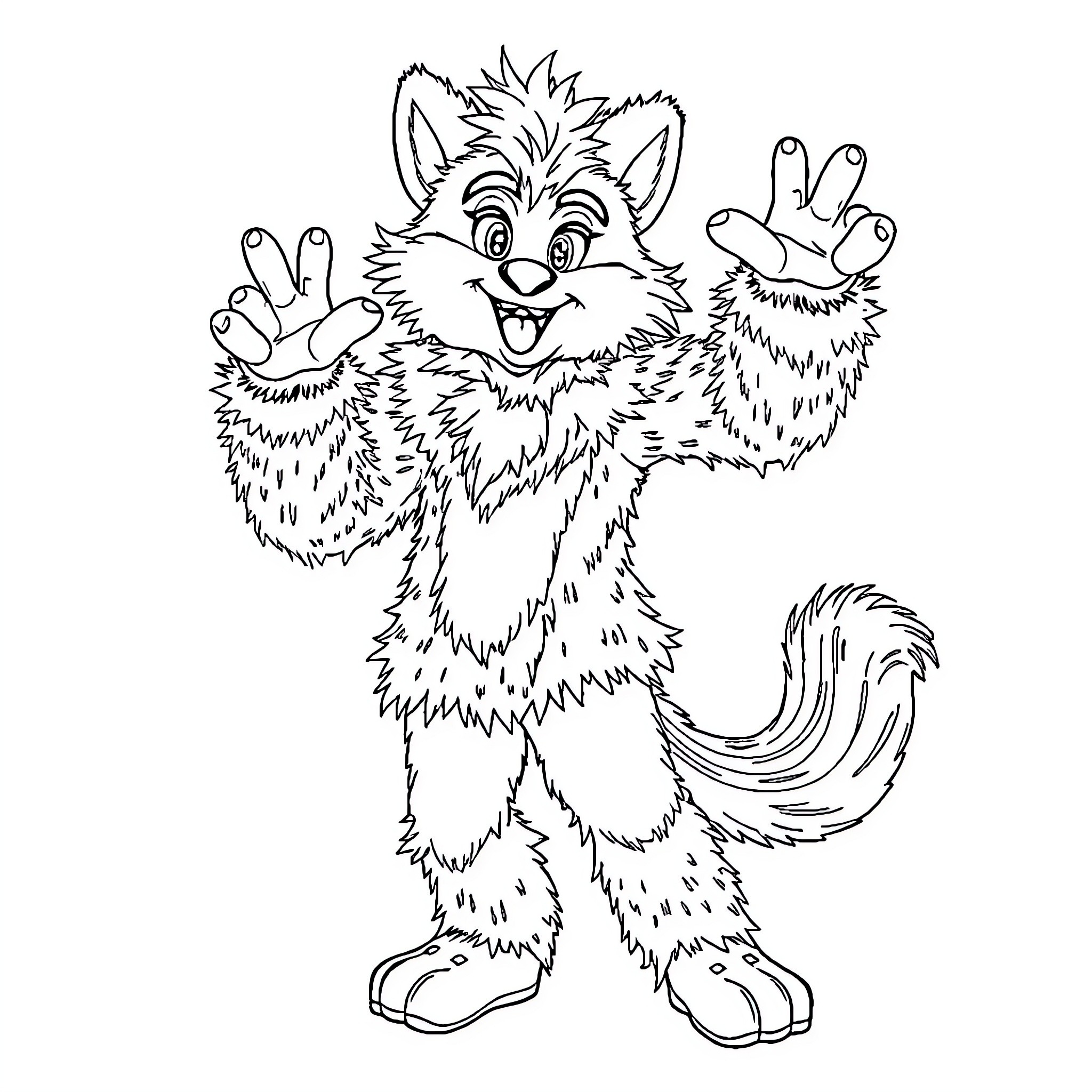 Fursuiter enthusiastically waving hands in excitement Coloring Page (free black-and-white line drawing printable PDF for all, from beginners to advanced learners, including children, teens, adults, and seniors)