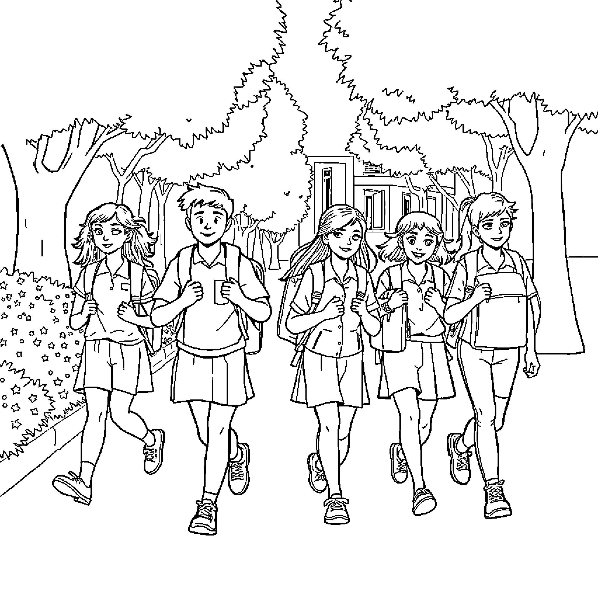 Students enjoying outdoor activities in the park Coloring Page (free black-and-white line drawing printable PDF for all, from beginners to advanced learners, including children, teens, adults, and seniors)