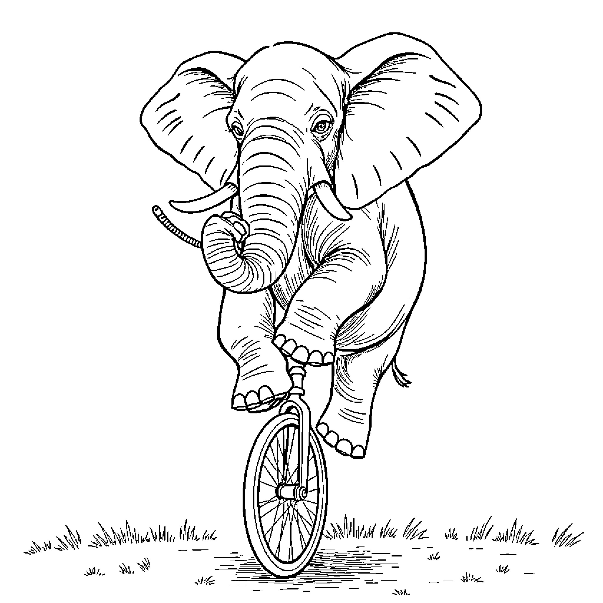 Elephant riding a bicycle in the park Coloring Page (free black-and-white line drawing printable PDF for all, from beginners to advanced learners, including children, teens, adults, and seniors)