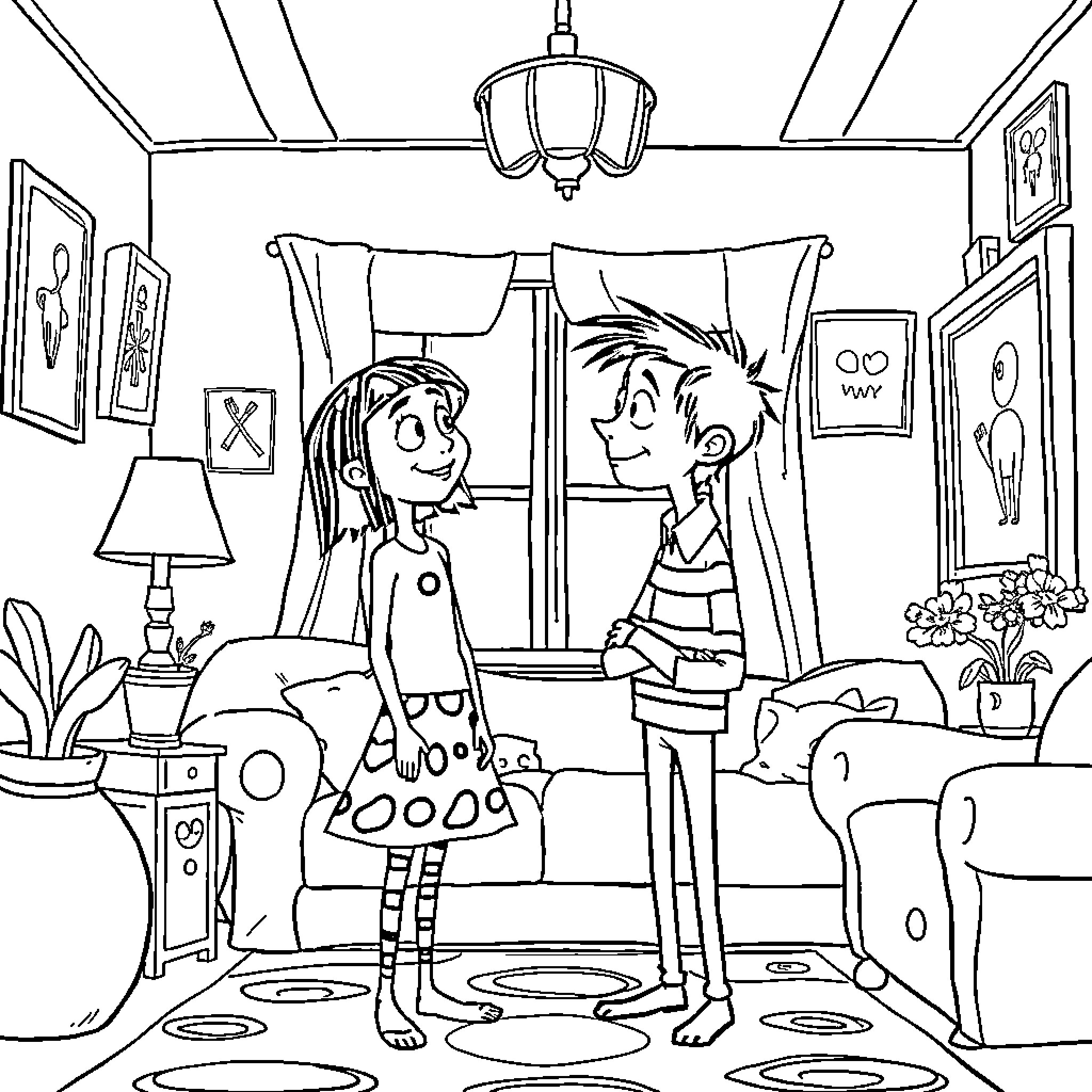 Coraline exploring a curious household with her friend Coloring Page (free black-and-white line drawing printable PDF for all, from beginners to advanced learners, including children, teens, adults, and seniors)