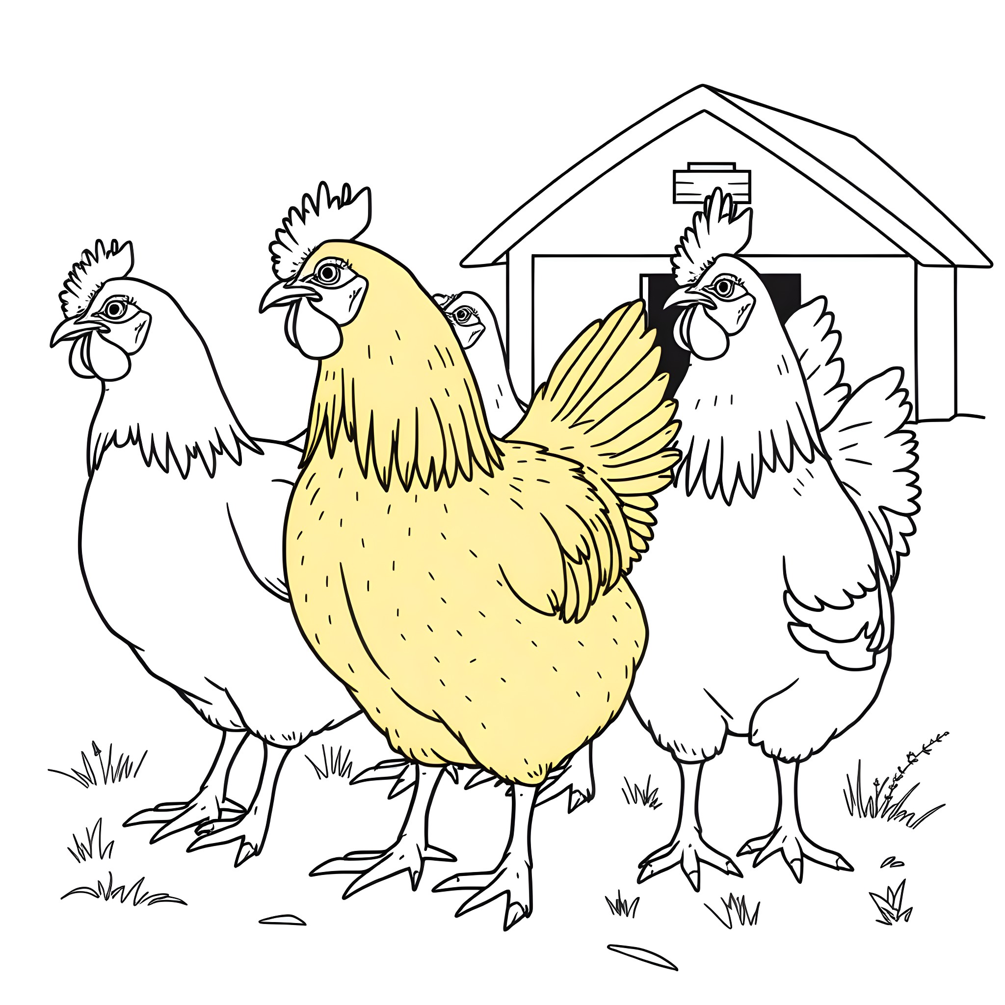 Chicken trio in a barnyard scene Coloring Page (free black-and-white line drawing printable PDF for all, from beginners to advanced learners, including children, teens, adults, and seniors)