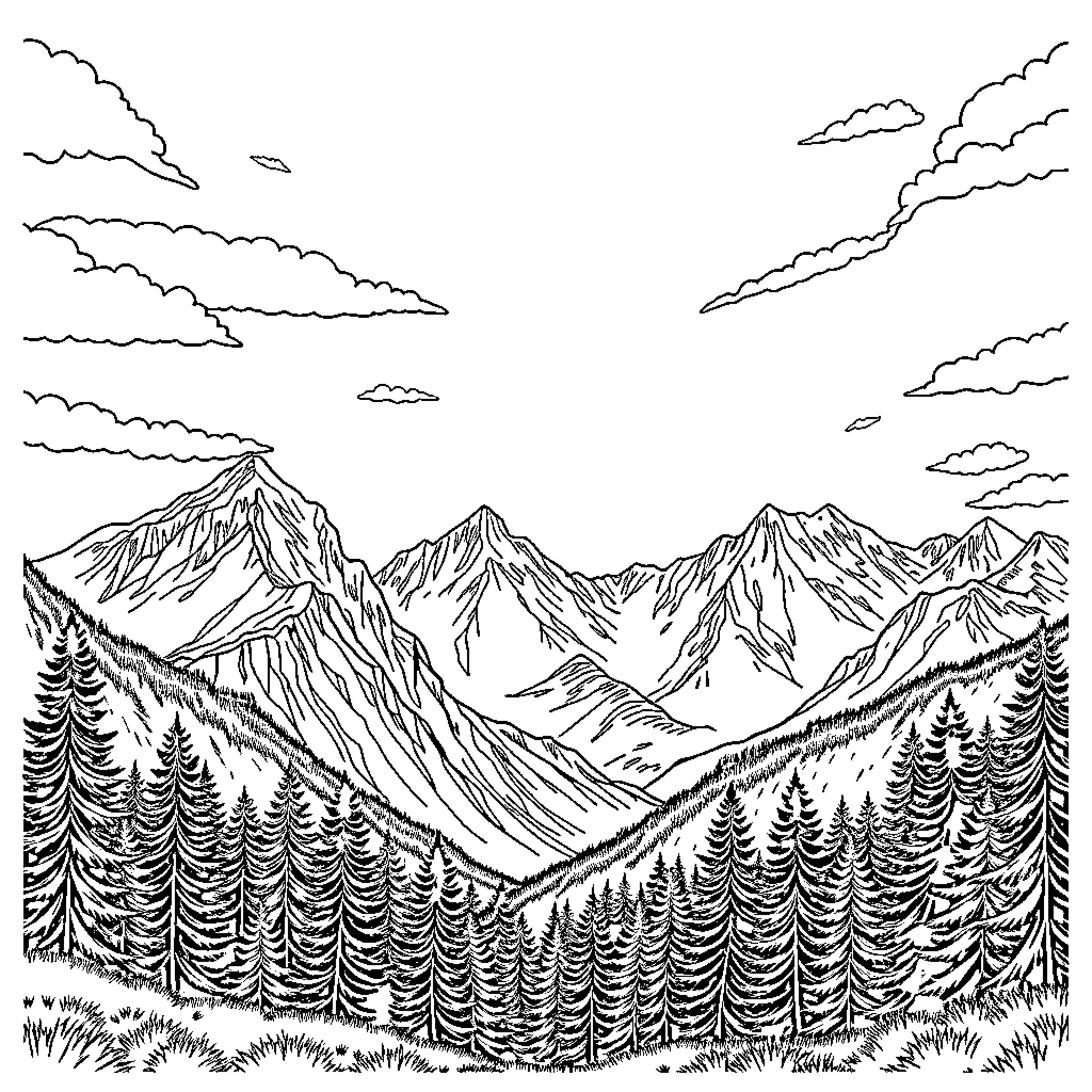 Landscape of majestic mountains and pine forests Coloring Page (free black-and-white line drawing printable PDF for all, from beginners to advanced learners, including children, teens, adults, and seniors)