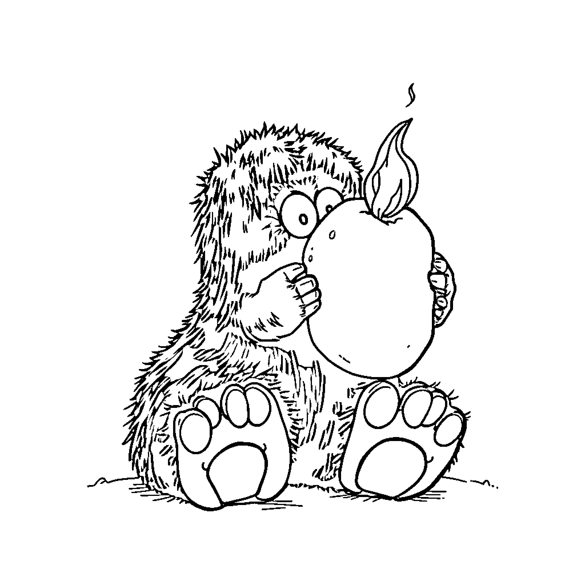 Bigfoot with a Balloon Coloring Page (free black-and-white line drawing printable PDF for all, from beginners to advanced learners, including children, teens, adults, and seniors)