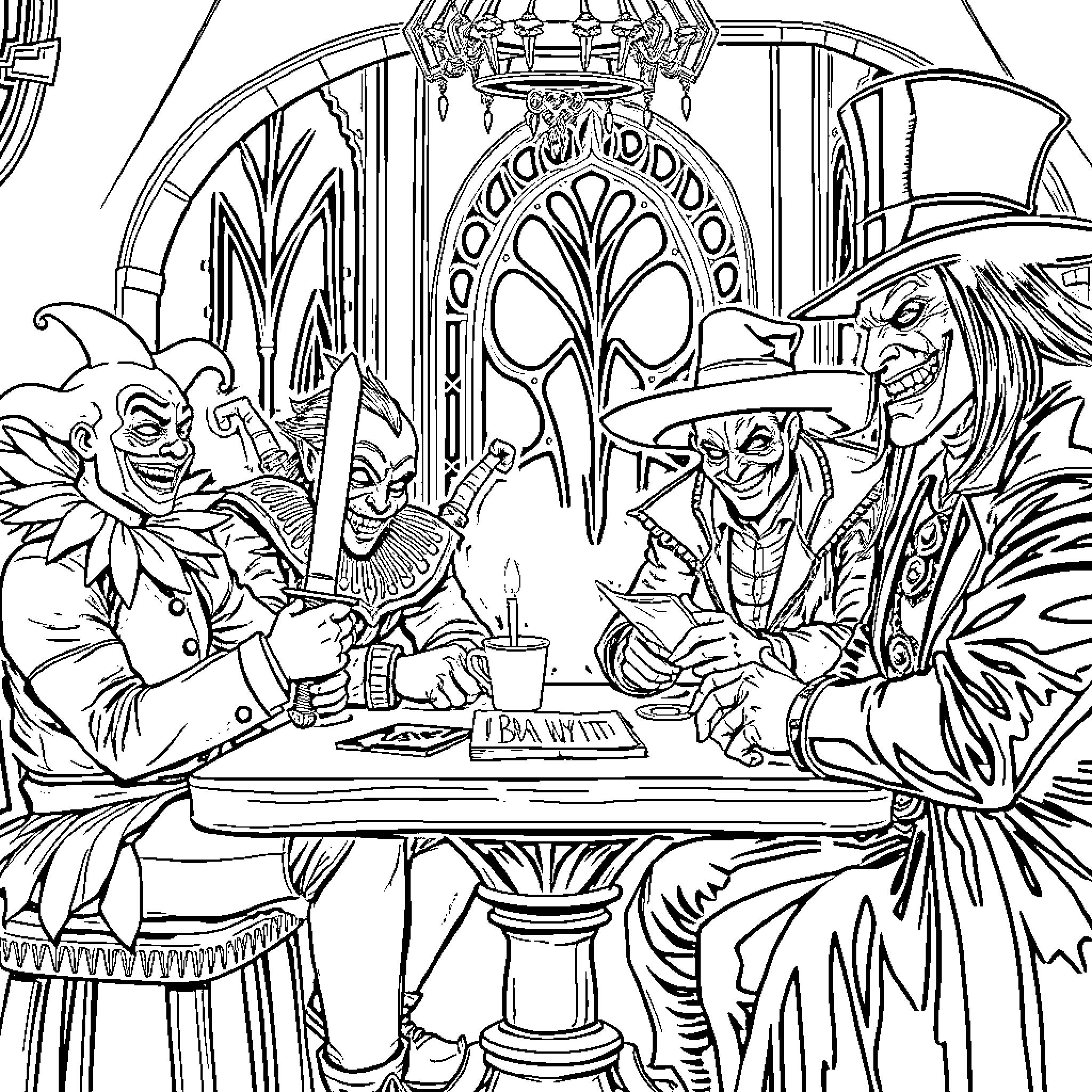 Character gathering of villains in an extravagant setting Coloring Page (free black-and-white line drawing printable PDF for all, from beginners to advanced learners, including children, teens, adults, and seniors)