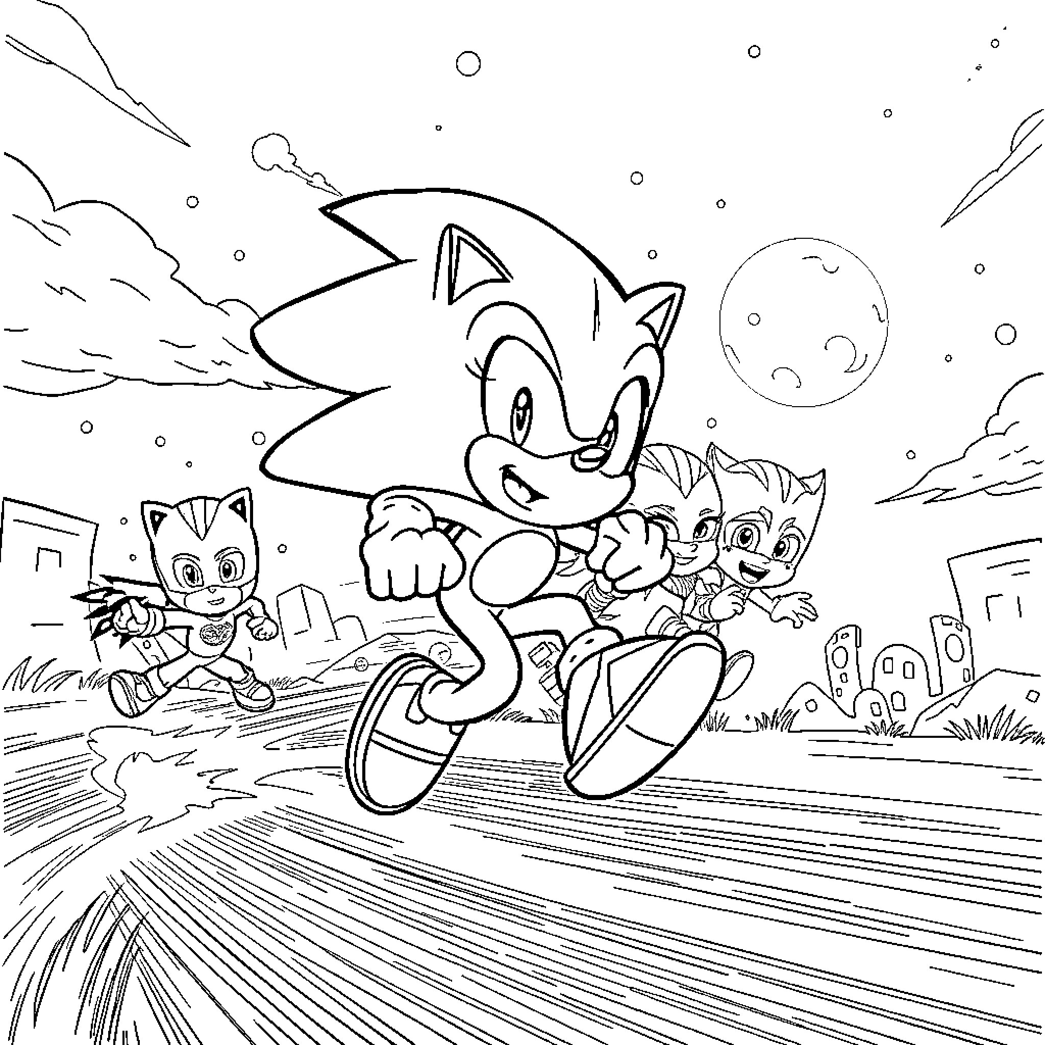 Sonic and friends dashing through the city Coloring Page (free black-and-white line drawing printable PDF for all, from beginners to advanced learners, including children, teens, adults, and seniors)