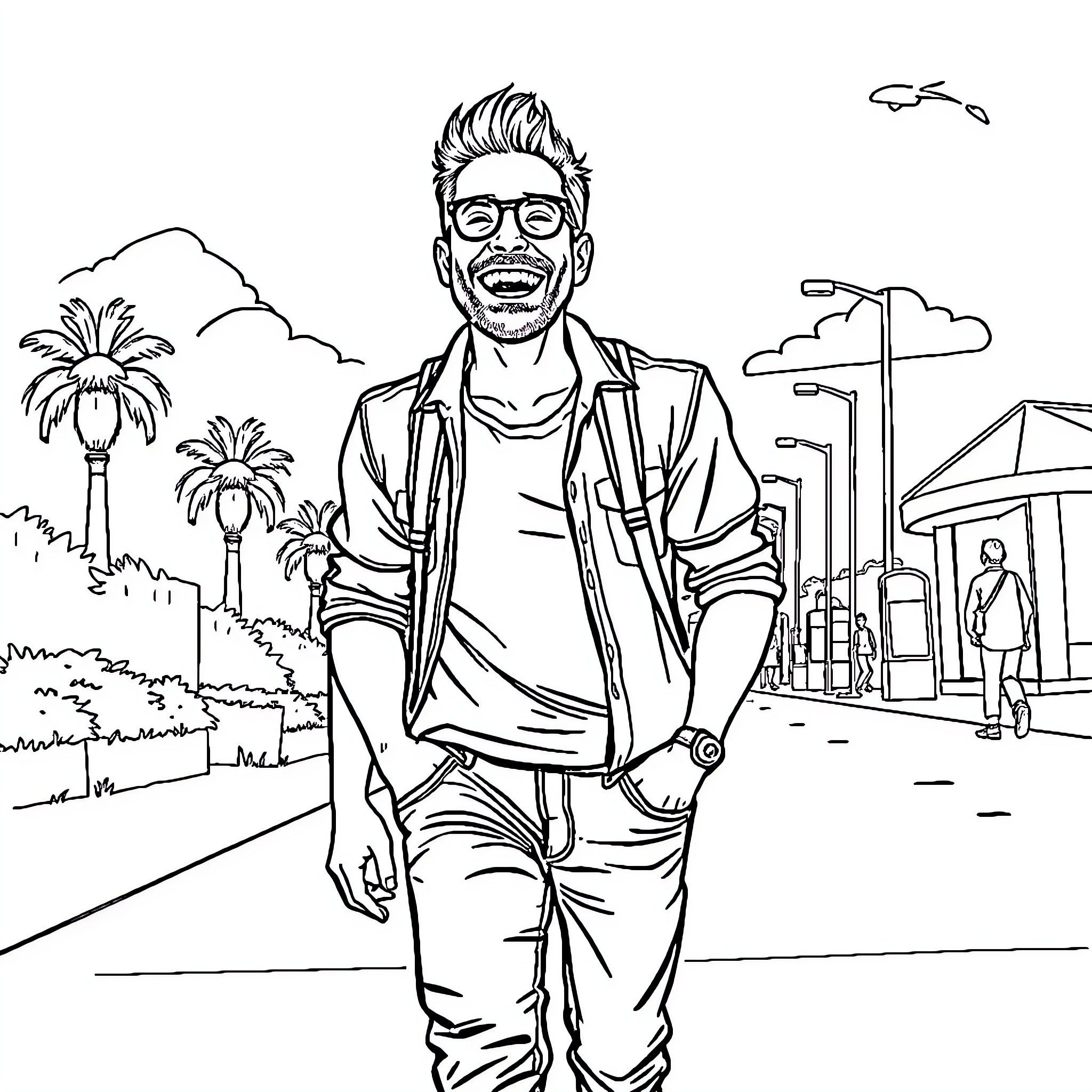 Man smiling confidently in urban setting Coloring Page (free black-and-white line drawing printable PDF for all, from beginners to advanced learners, including children, teens, adults, and seniors)