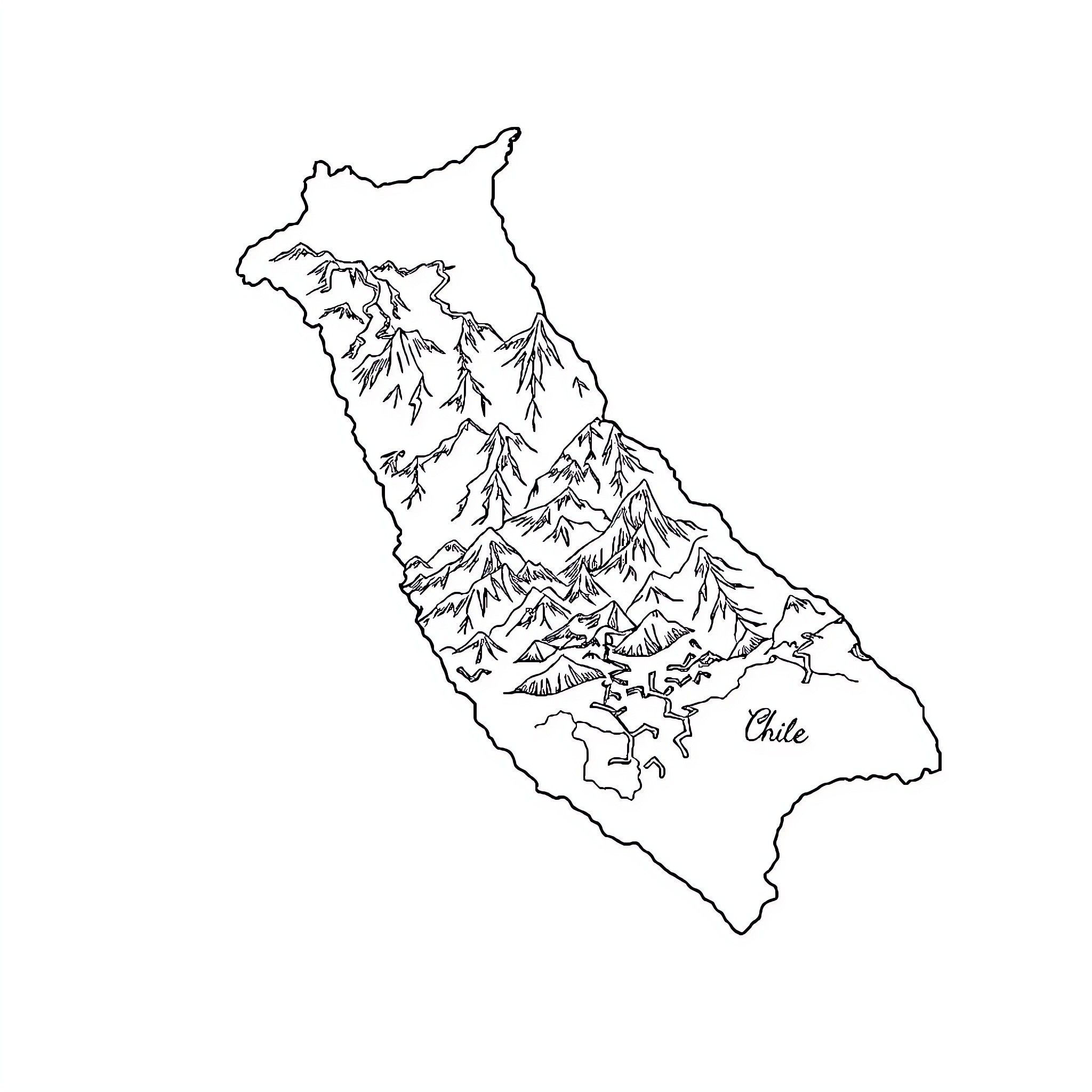Chile Outlined Map with Mountain Ranges Coloring Page (free black-and-white line drawing printable PDF for all, from beginners to advanced learners, including children, teens, adults, and seniors)