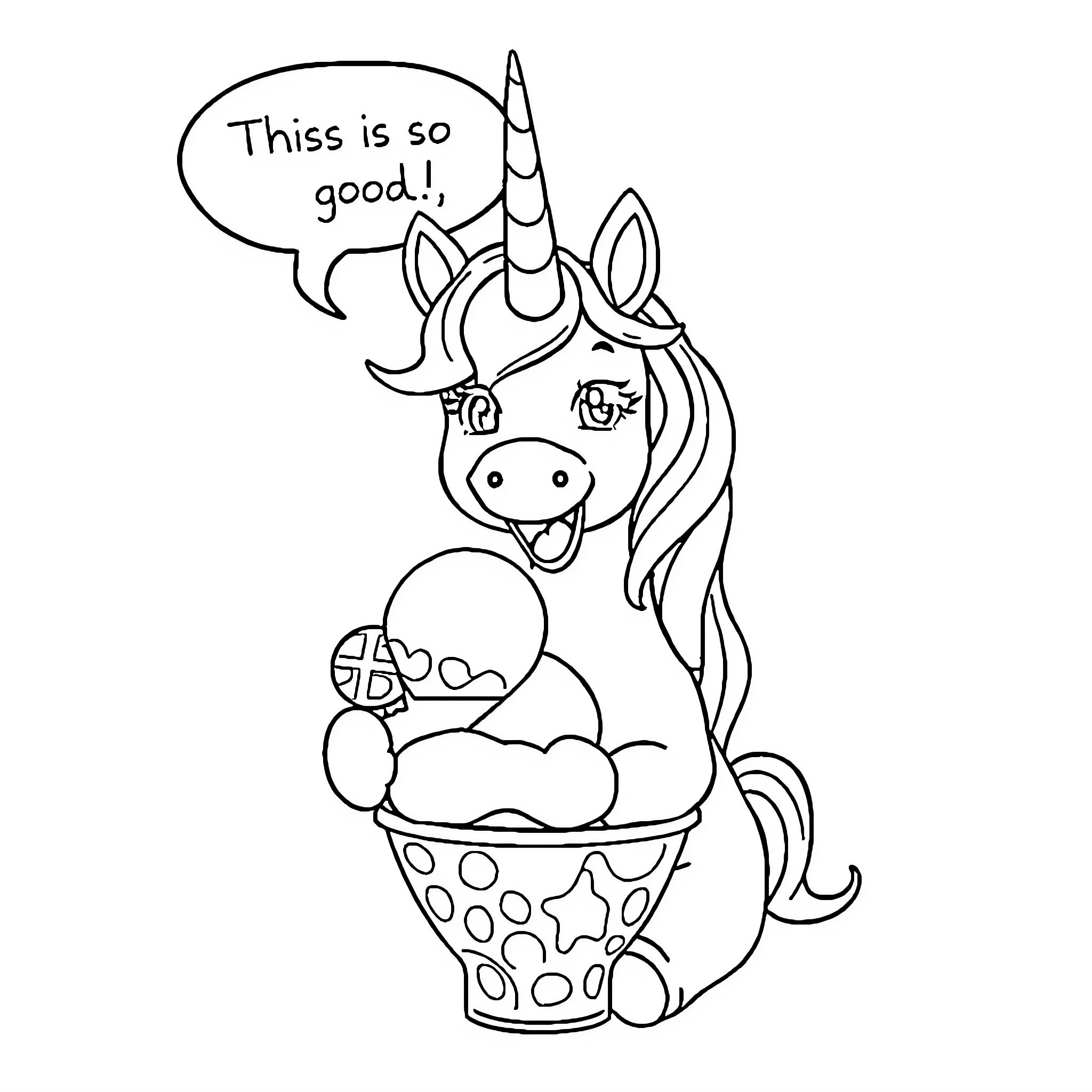 Unicorn happily enjoying a sweet treat Coloring Page (free black-and-white line drawing printable PDF for all, from beginners to advanced learners, including children, teens, adults, and seniors)