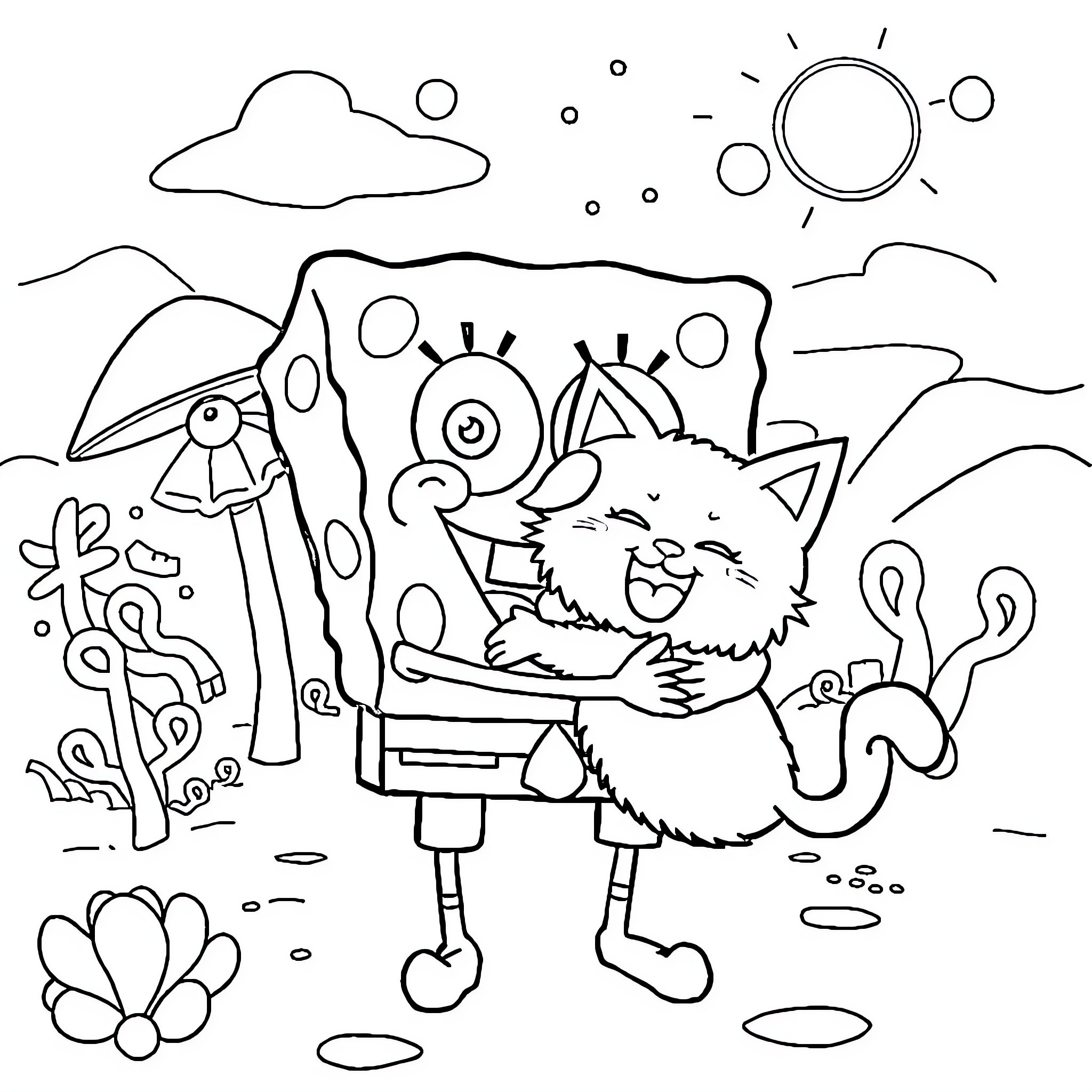 Sponge Bob enjoys a sunny day in a fantastical landscape Coloring Page (free black-and-white line drawing printable PDF for all, from beginners to advanced learners, including children, teens, adults, and seniors)
