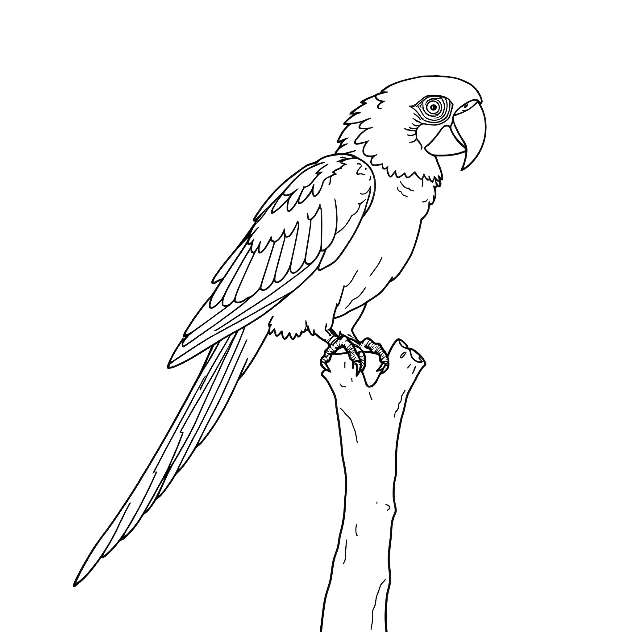 Parrot perching on a branch Coloring Page (free black-and-white line drawing printable PDF for all, from beginners to advanced learners, including children, teens, adults, and seniors)