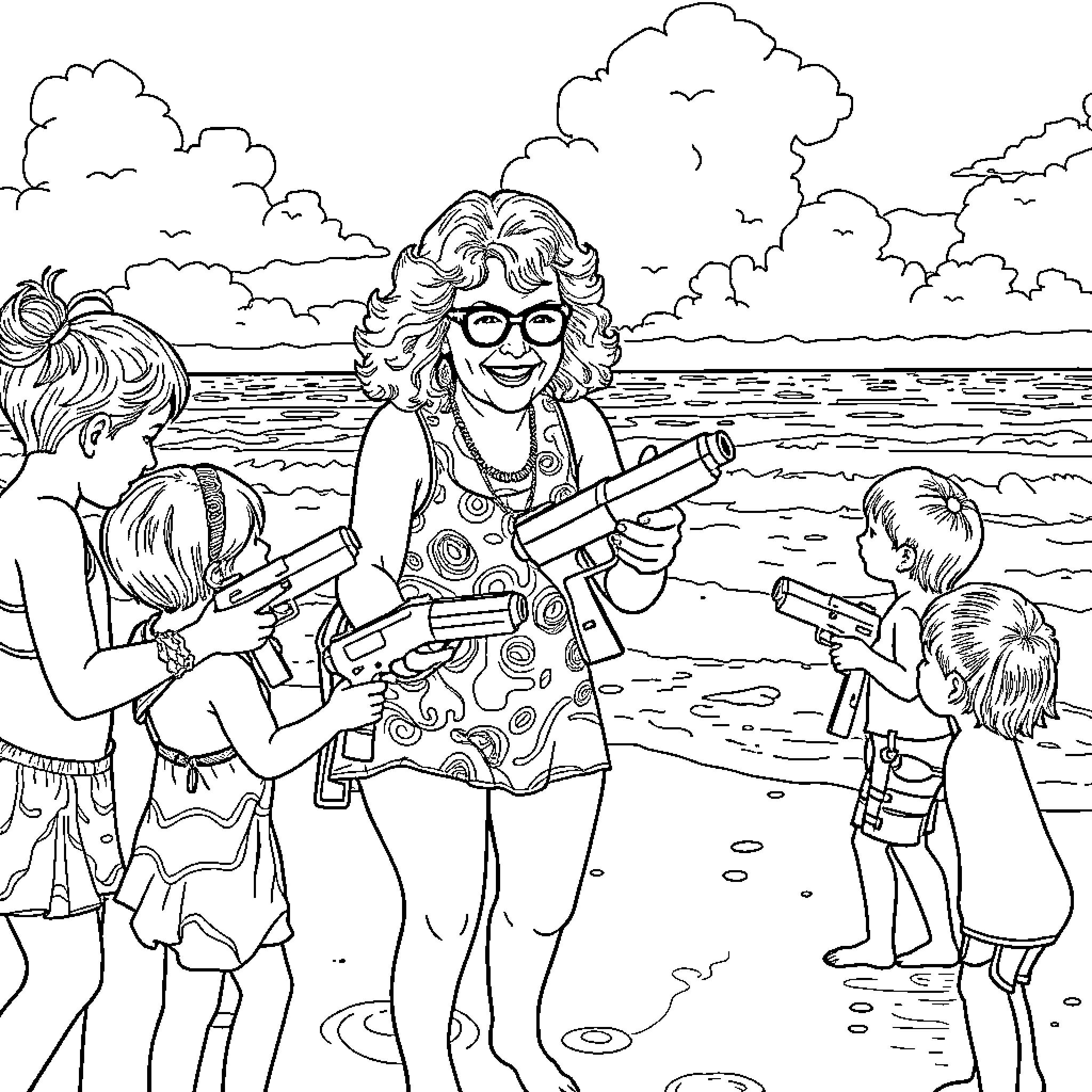 Phyllis Diller playing with children on the beach Coloring Page (free black-and-white line drawing printable PDF for all, from beginners to advanced learners, including children, teens, adults, and seniors)