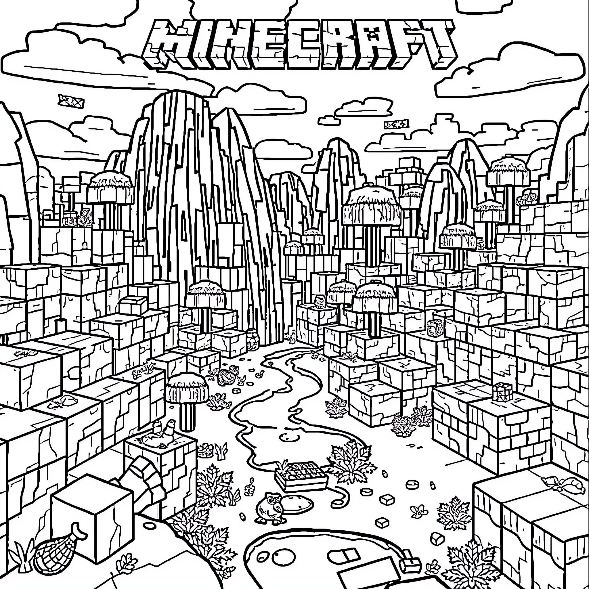 Minecraft Landscape with Mountainous Terrain and Buildings Coloring Page (free black-and-white line drawing printable PDF for all, from beginners to advanced learners, including children, teens, adults, and seniors)