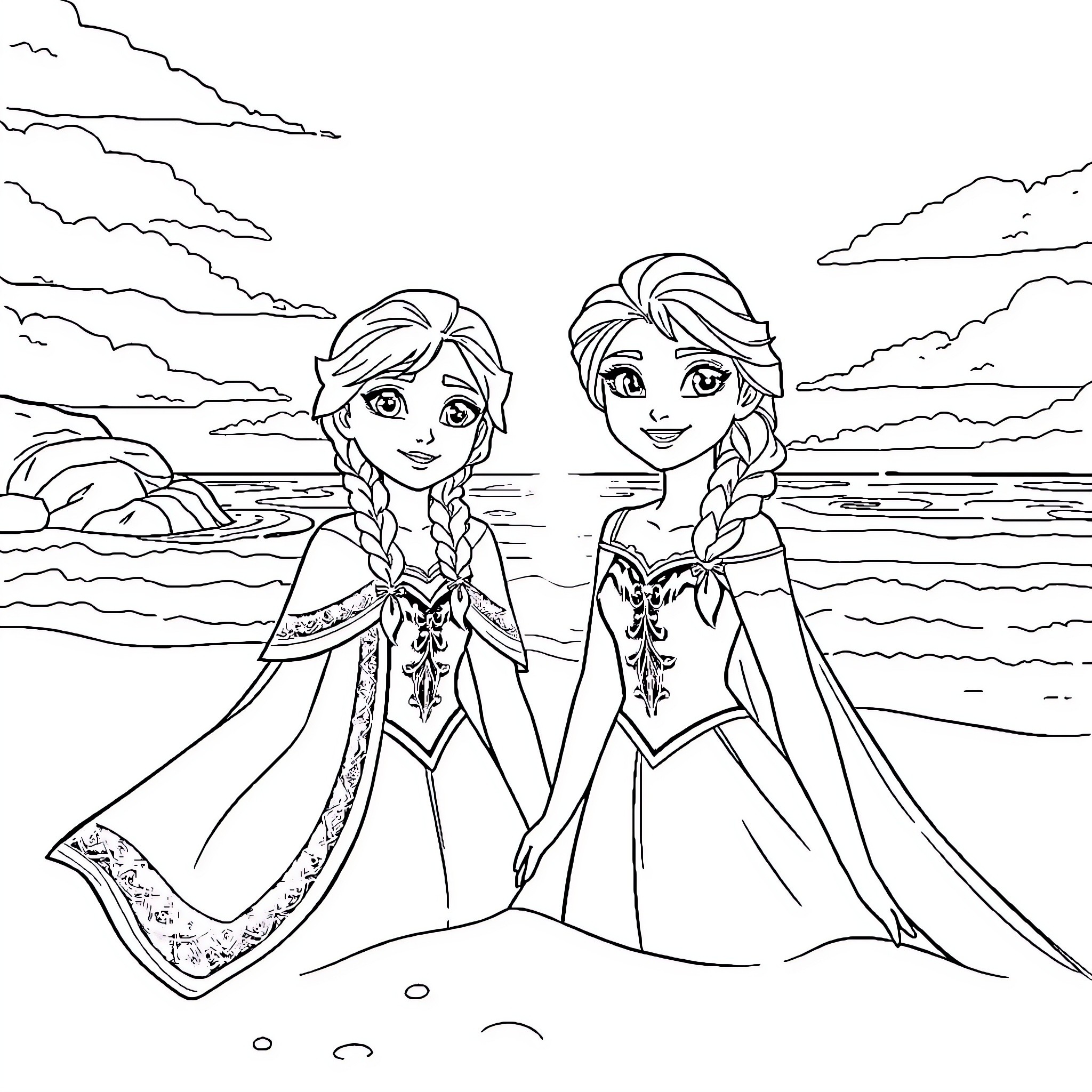 Anna and Elsa enjoying the scenic beach Coloring Page (free black-and-white line drawing printable PDF for all, from beginners to advanced learners, including children, teens, adults, and seniors)