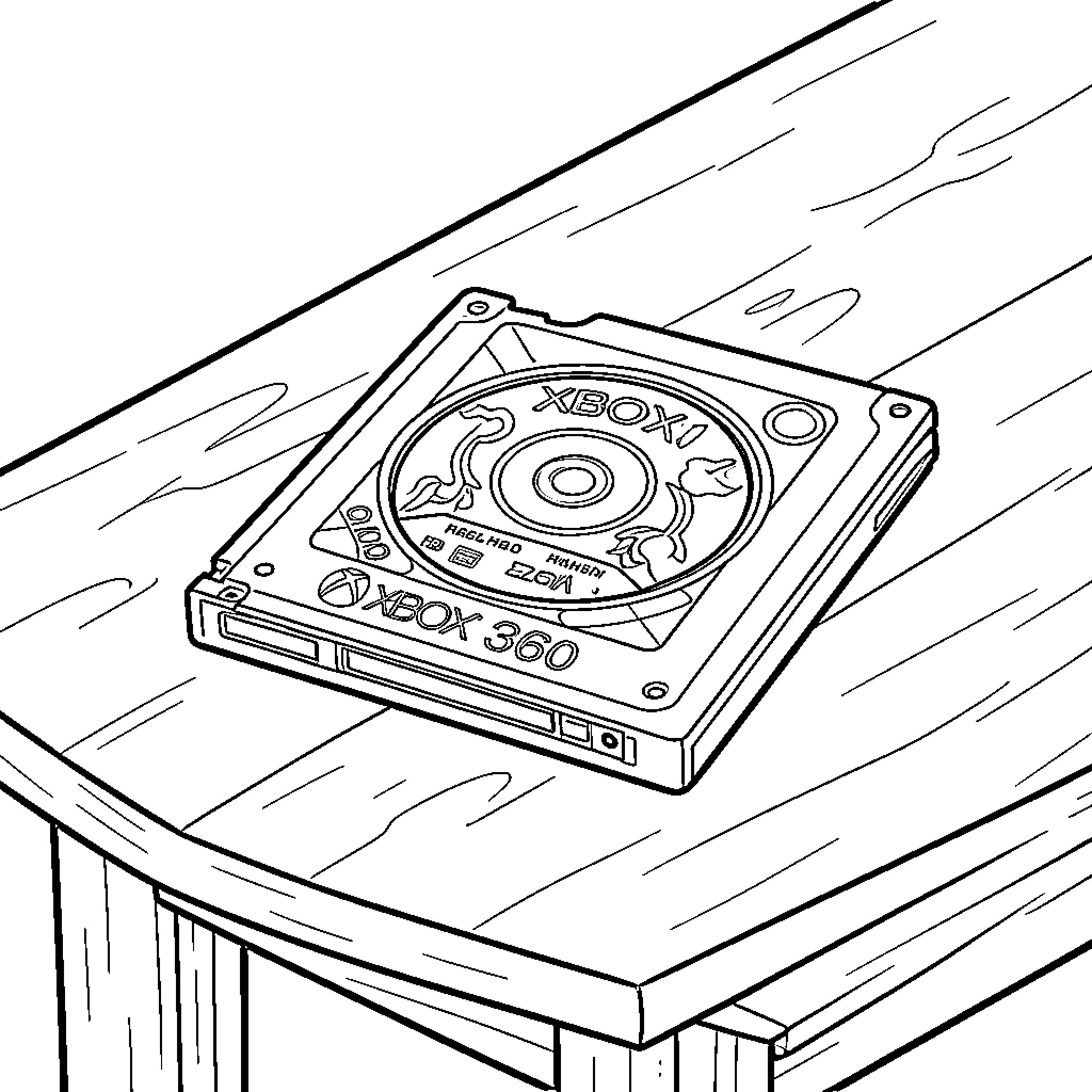 Xbox 360 game disc resting on a wooden table Coloring Page (free black-and-white line drawing printable PDF for all, from beginners to advanced learners, including children, teens, adults, and seniors)