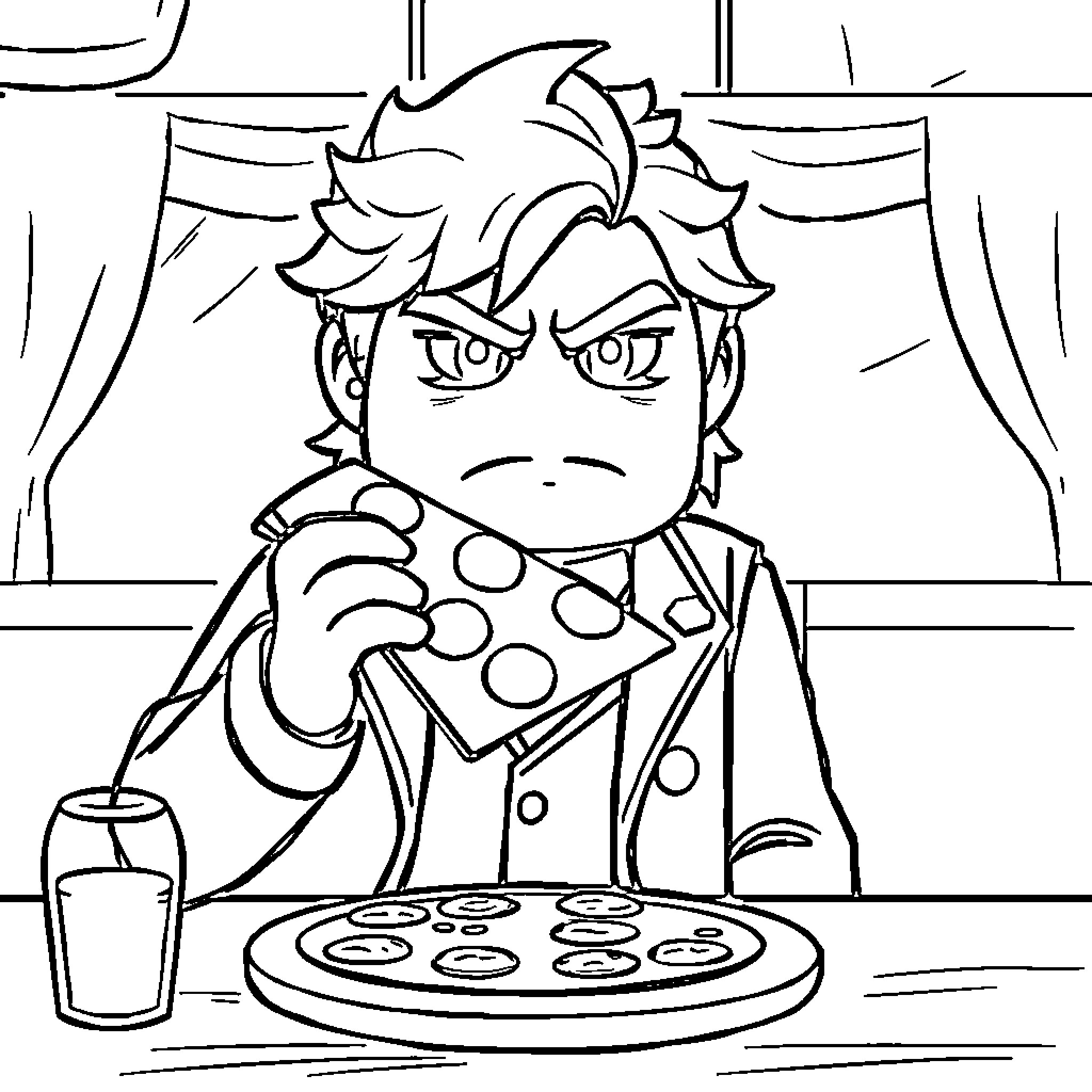 Lloyd Garmadon eating pizza with a displeased expression Coloring Page (free black-and-white line drawing printable PDF for all, from beginners to advanced learners, including children, teens, adults, and seniors)