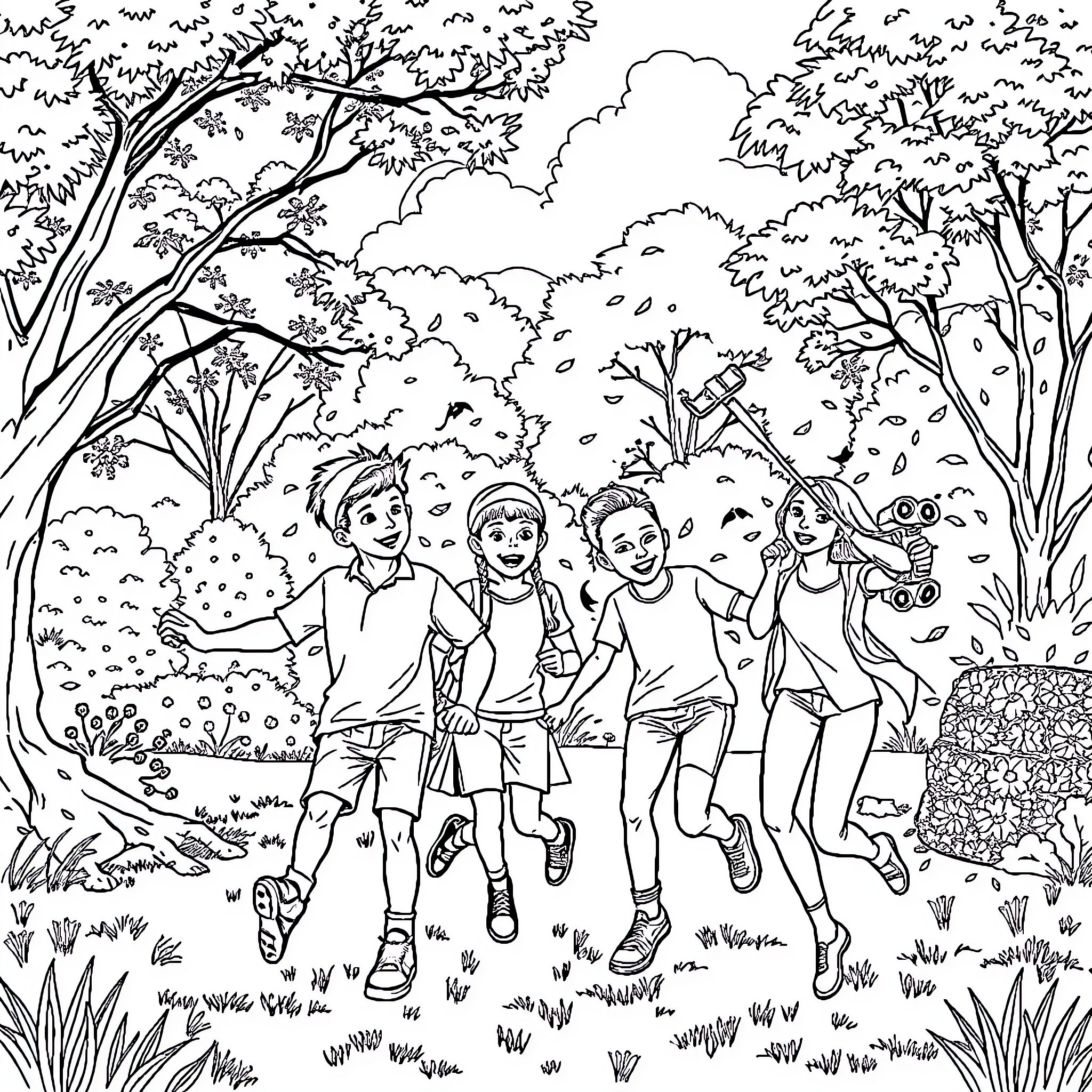 Siblings playing happily in the forest Coloring Page (free black-and-white line drawing printable PDF for all, from beginners to advanced learners, including children, teens, adults, and seniors)