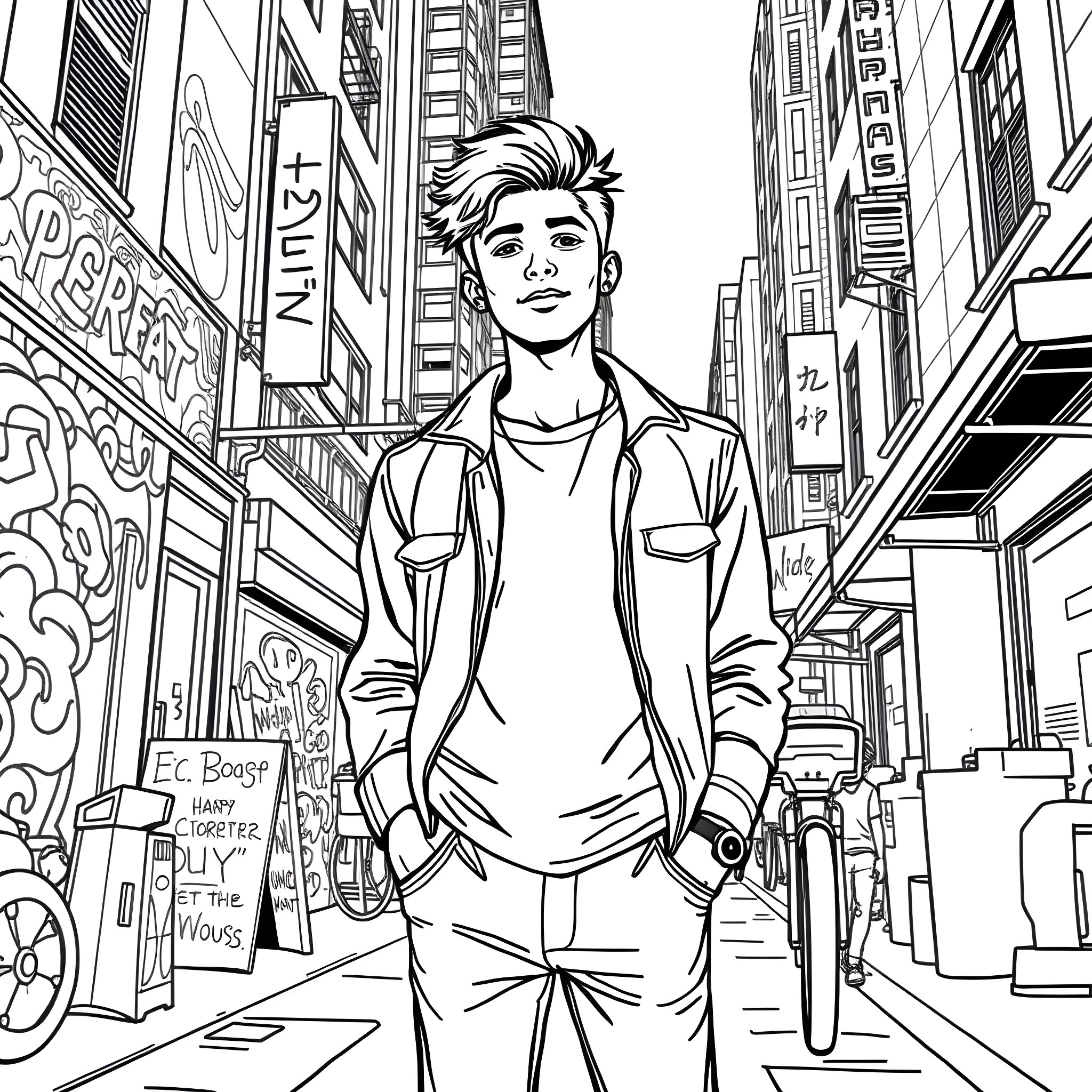 Guy exploring the busy city streets Coloring Page (free black-and-white line drawing printable PDF for all, from beginners to advanced learners, including children, teens, adults, and seniors)