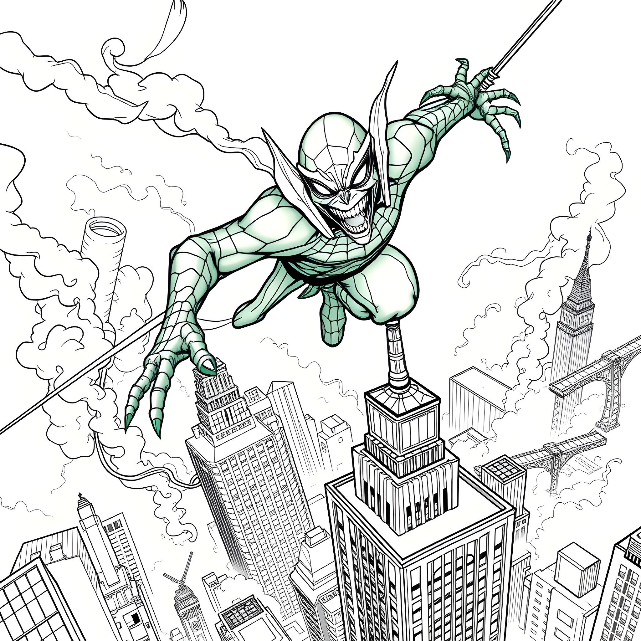 Green Goblin Attacks Skyscrapers in the City Coloring Page (free black-and-white line drawing printable PDF for all, from beginners to advanced learners, including children, teens, adults, and seniors)