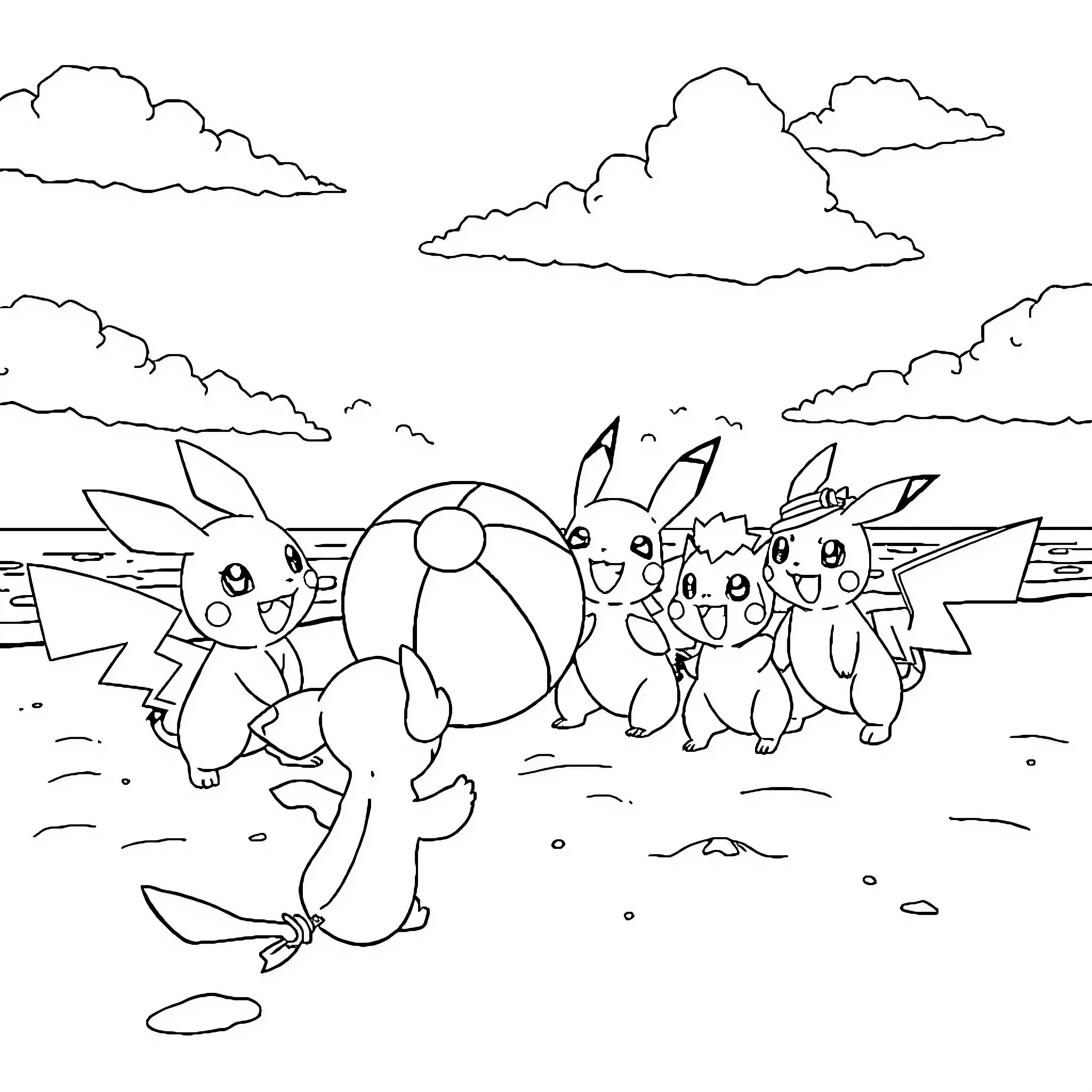 Pokémon Characters Playing on the Beach Coloring Page (free black-and-white line drawing printable PDF for all, from beginners to advanced learners, including children, teens, adults, and seniors)