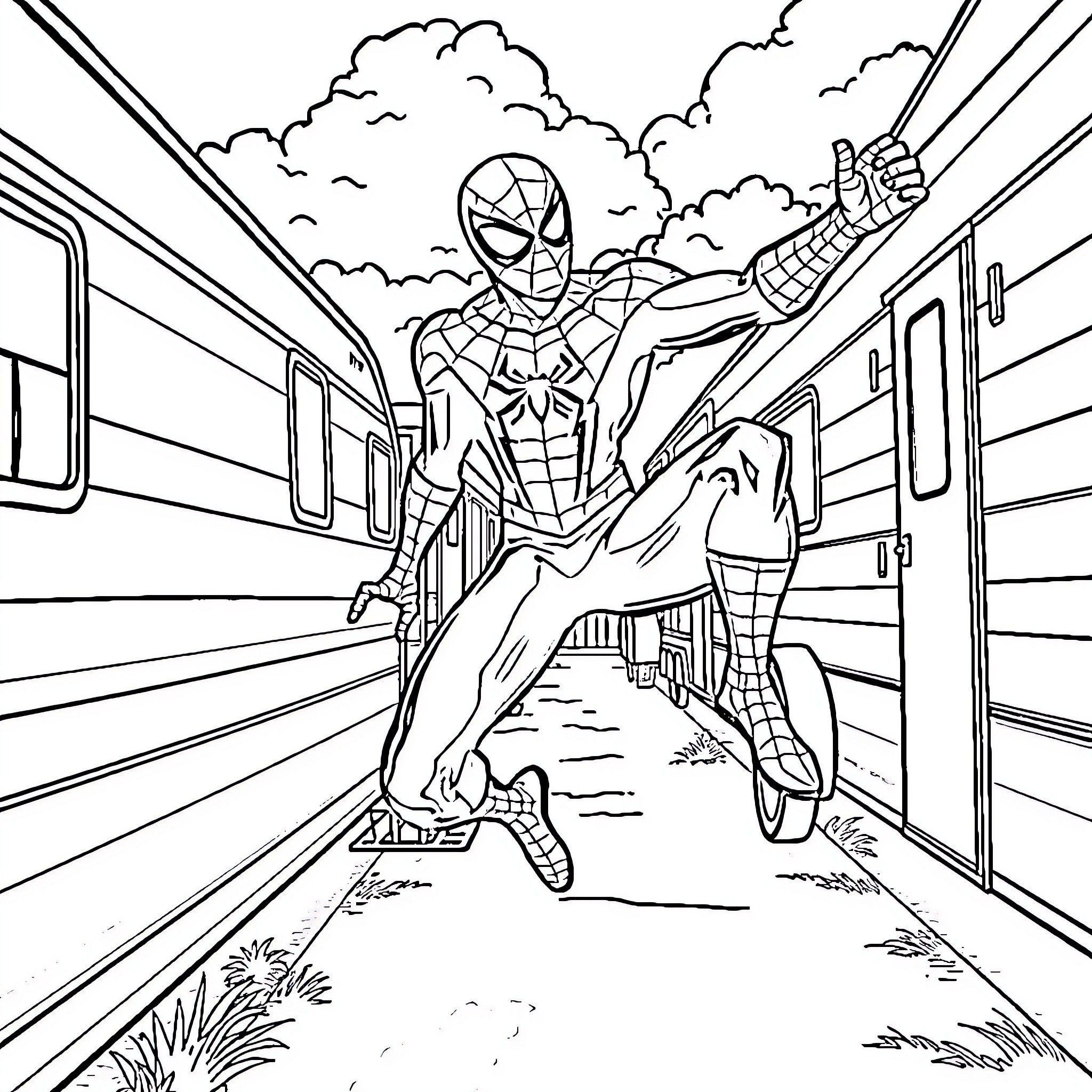 Spider-Man heroically swinging through the city Coloring Page (free black-and-white line drawing printable PDF for all, from beginners to advanced learners, including children, teens, adults, and seniors)