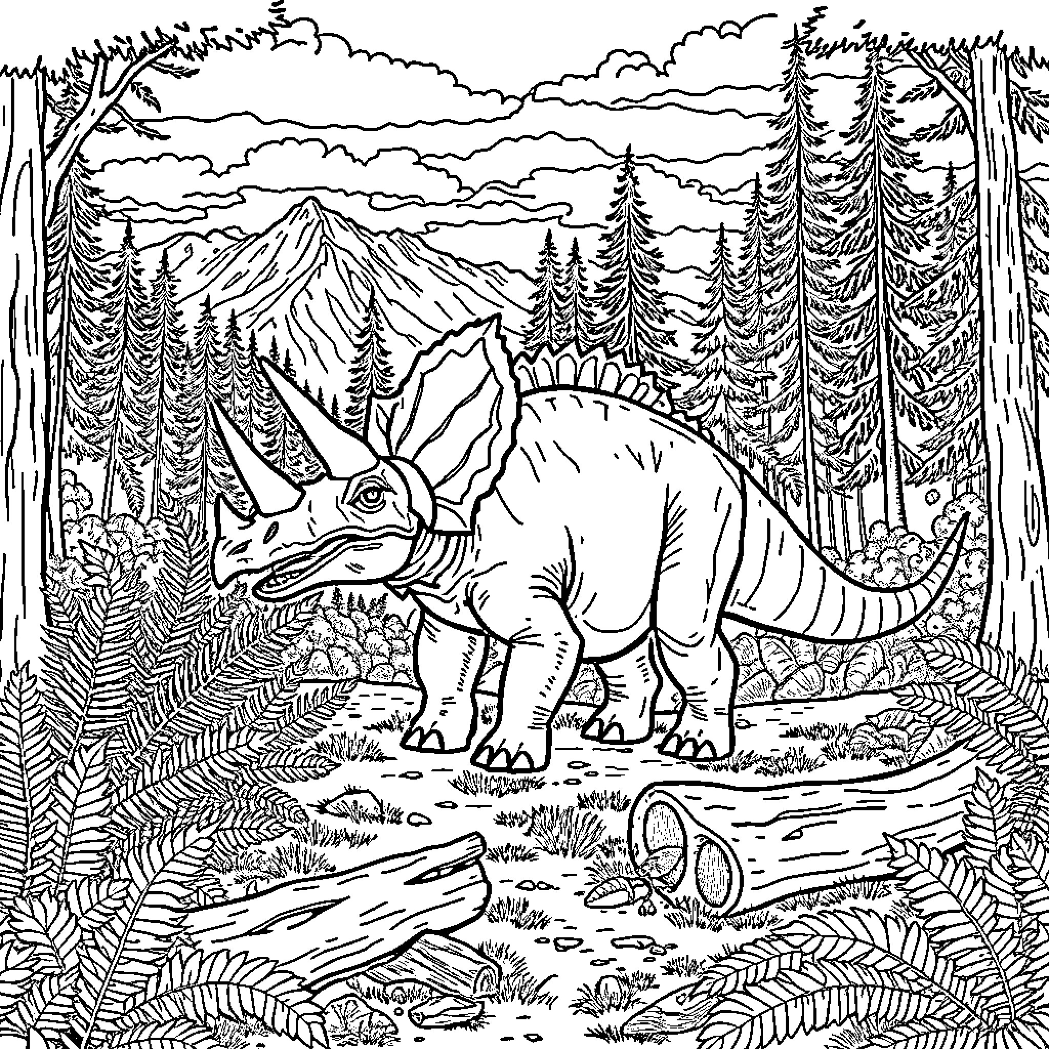 Triceratops exploring the prehistoric forest Coloring Page (free black-and-white line drawing printable PDF for all, from beginners to advanced learners, including children, teens, adults, and seniors)