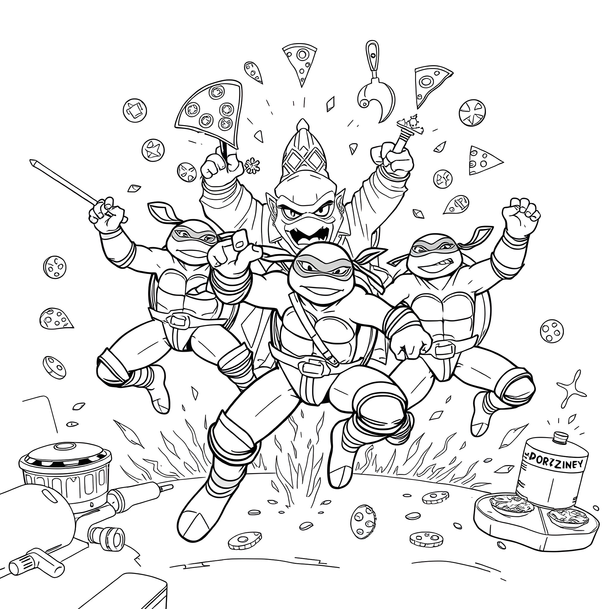 Ninja Turtles in action-packed adventure Coloring Page (free black-and-white line drawing printable PDF for all, from beginners to advanced learners, including children, teens, adults, and seniors)
