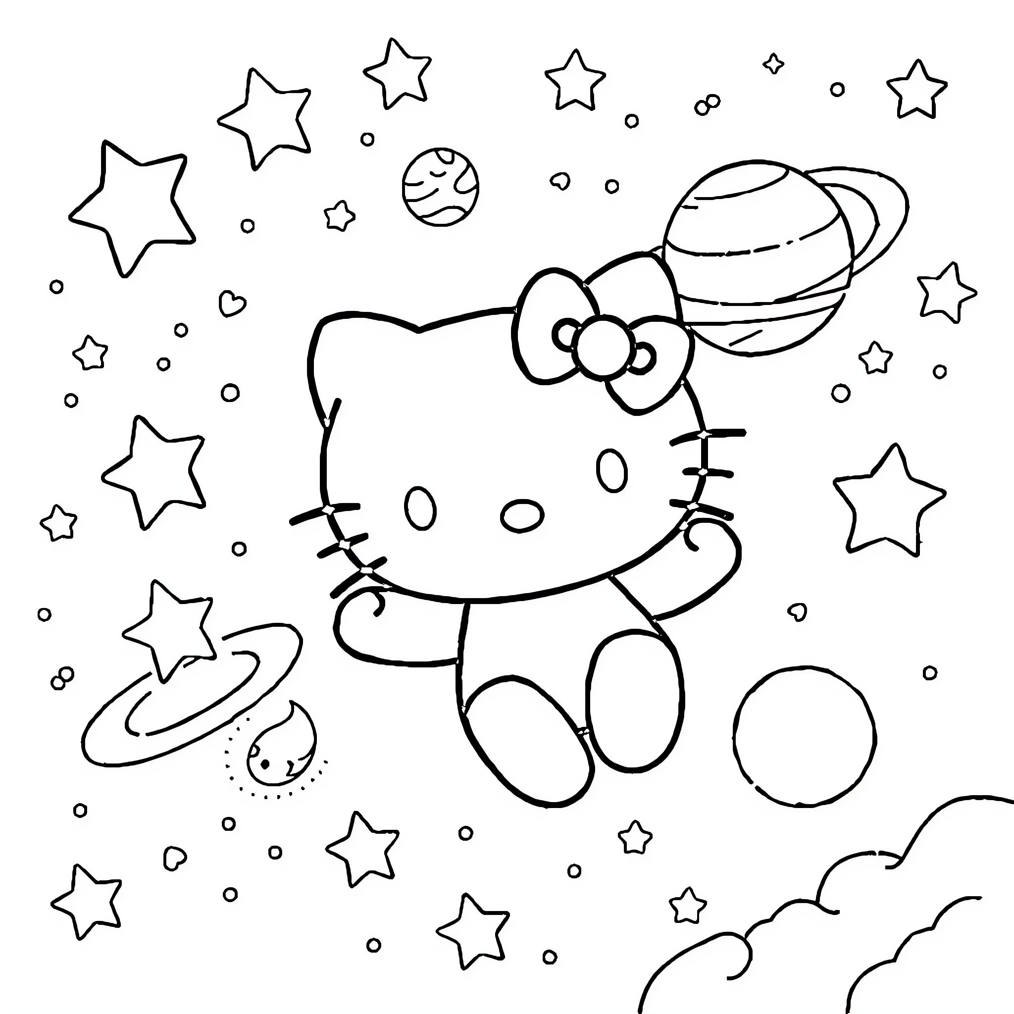 Hello Kitty exploring the starry galaxy Coloring Page (free black-and-white line drawing printable PDF for all, from beginners to advanced learners, including children, teens, adults, and seniors)