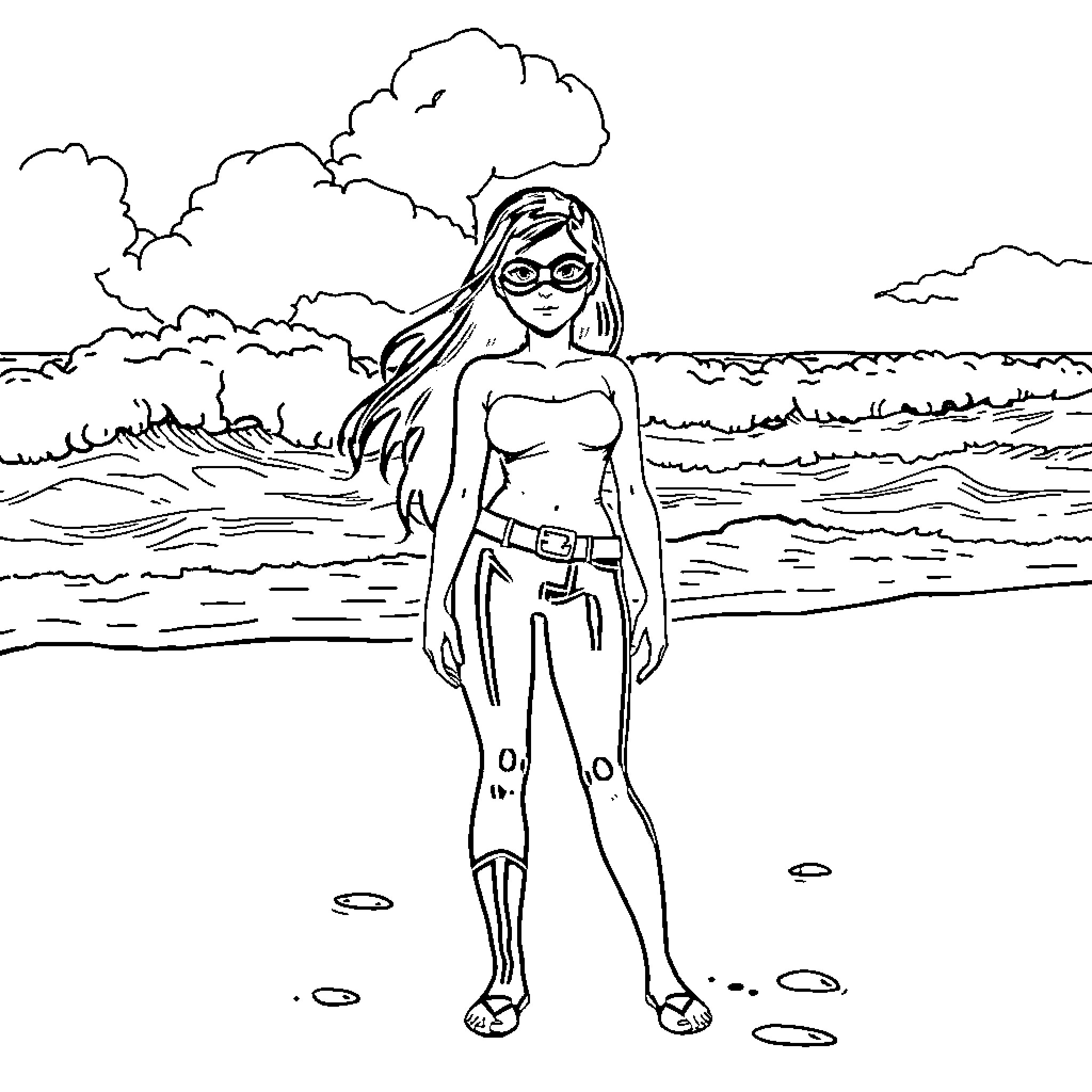Nico Robbin enjoying a day at the beach Coloring Page (free black-and-white line drawing printable PDF for all, from beginners to advanced learners, including children, teens, adults, and seniors)