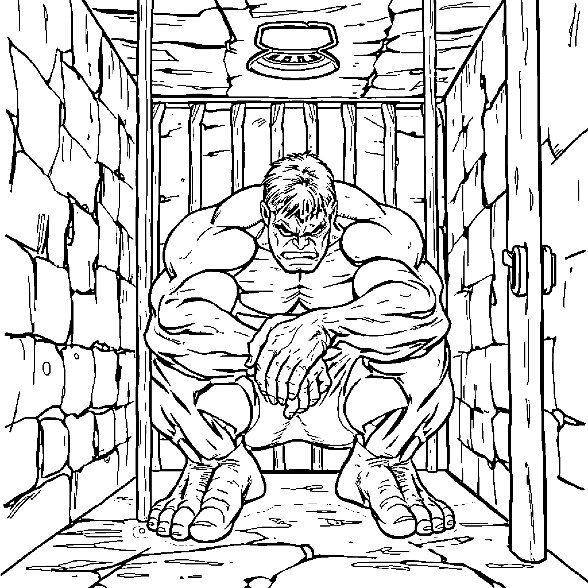 Hulk brooding in a dark, confined cell Coloring Page (free black-and-white line drawing printable PDF for all, from beginners to advanced learners, including children, teens, adults, and seniors)