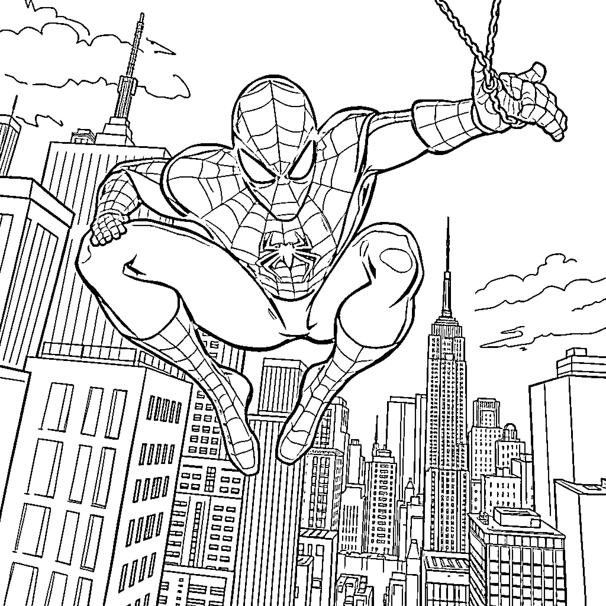 Spiderman swinging through the city skyline Coloring Page (free black-and-white line drawing printable PDF for all, from beginners to advanced learners, including children, teens, adults, and seniors)